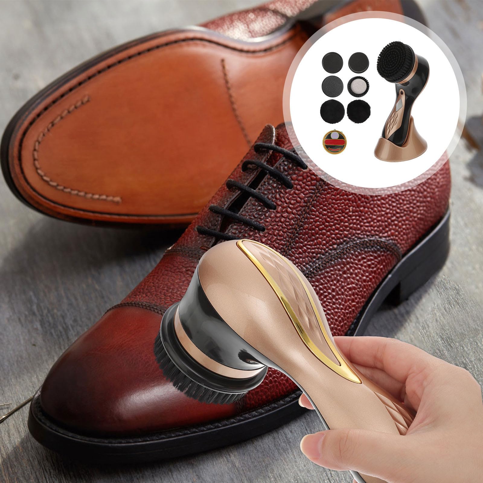 Tofficu Spazzola Elettrica per Lucidare Scarpe in Pelle Oro Portatile 7 Testine di Ricambio Kit Pulizia Scarpe che Mantiene le Mani Pulite e Lucida Efficacemente