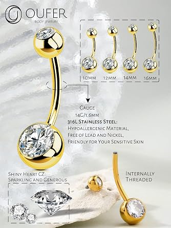 OUFER Body Piercing Internally Belly Bars 10/12/14/16mm Belly Button Bars 14G 316L Stainless Steel Navel Bars Gold Extra Long Navel Piercing Jewellery Belly Button Ring Belly Piercing