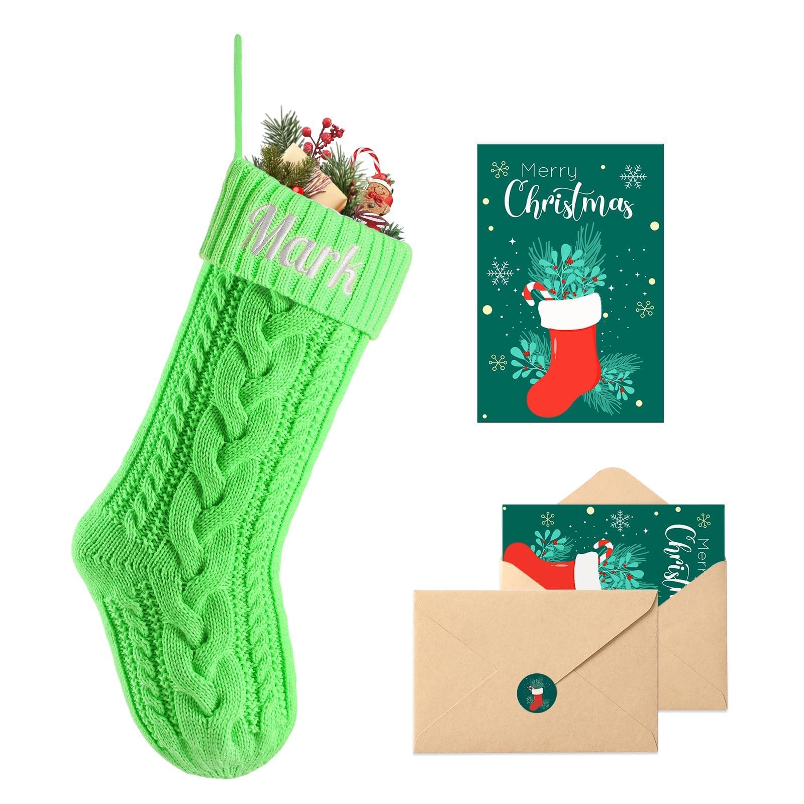 Loosusu Personalised Christmas Stockings with Christmas Cards,Custom Embroidered Name Monogram Christmas Stocking for Baby Kids Girl Family,18" Large Light Green Knit Xmas Stockings for Fireplace