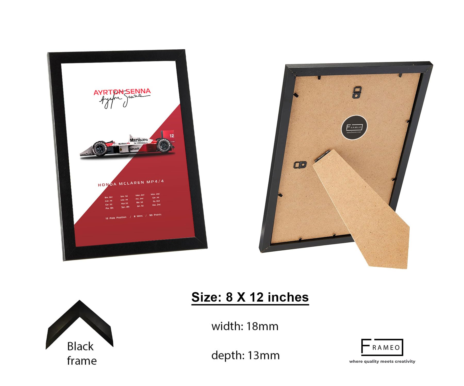 FRAMEO STORE Ayrton Senna Mclaren MP4/4 Glass frame, 1988 Honda Mclaren MP4/4 F1 art framed poster (A4 size - 8 X 12 Inches) 2