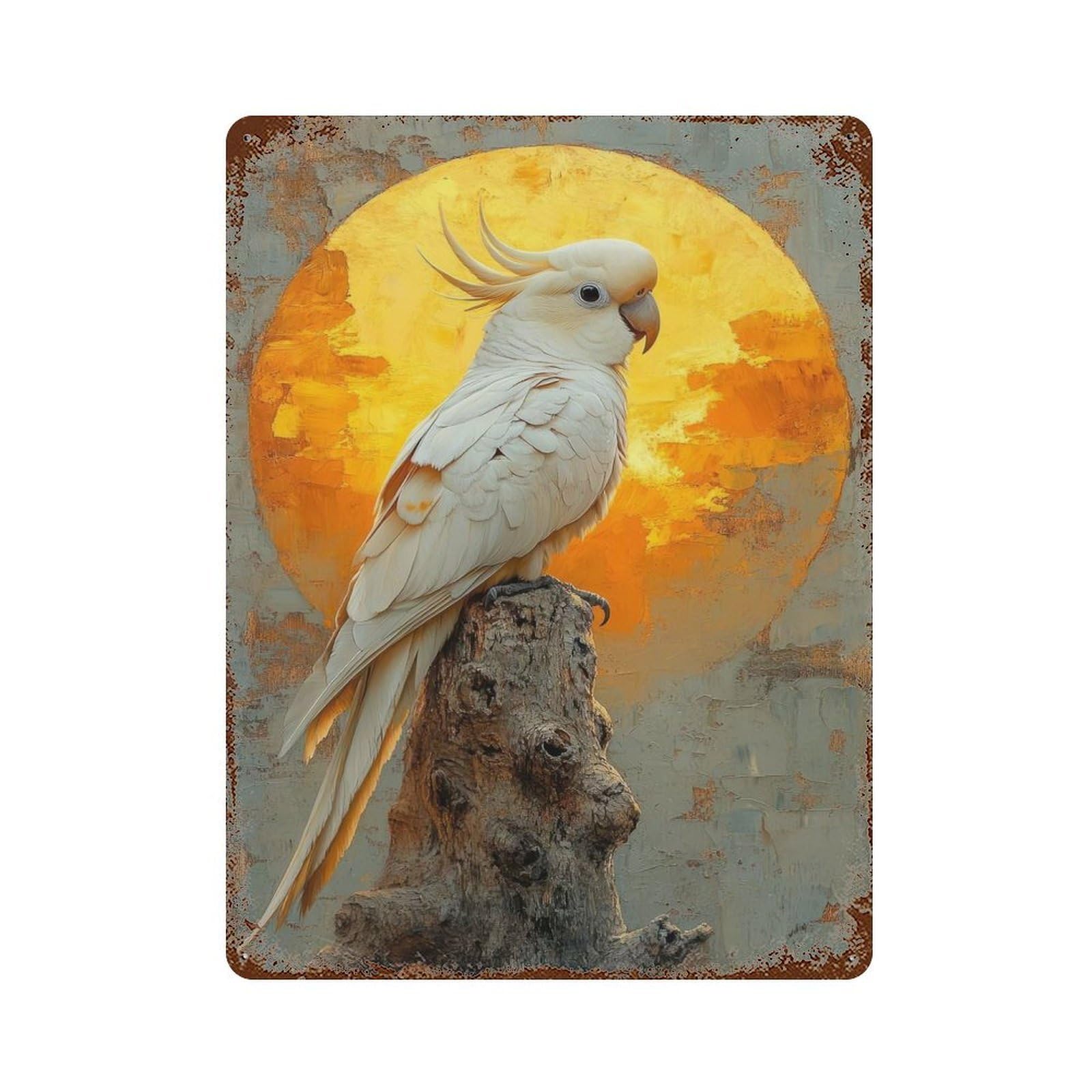 Aged Metal Wall Plaque with White Cockatoo Sunset Design 15.7"x11.8", for Basement, Hobby Room And Garage Decor, Farmhouse Wall Decor