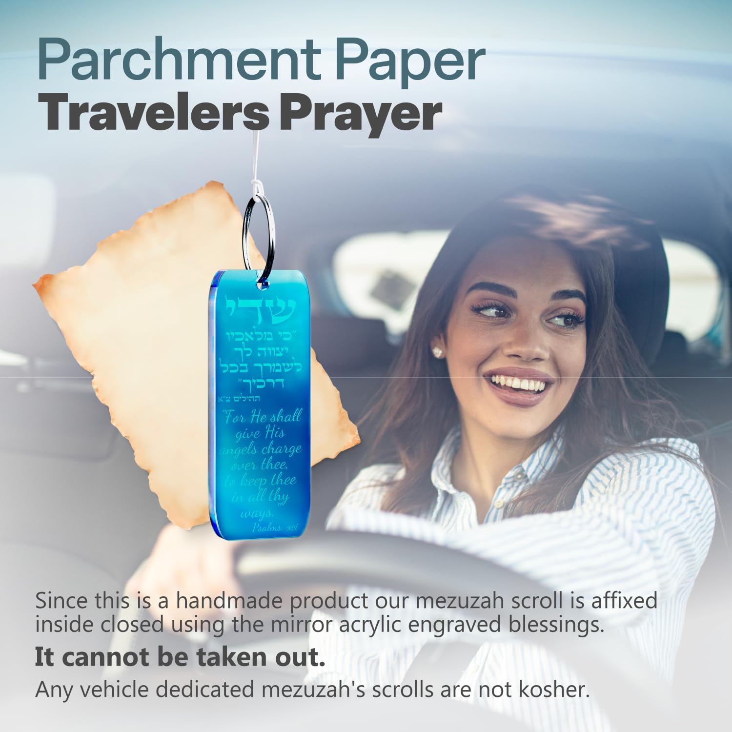 Mezuzah for Car, Handmade with Scroll, Hanging Rearview Mirror Jewish Gift, Double-Sided Engrave and Handmade Modern Mezuzah for Door Without Kosher Map of Israel Style Blue Sea