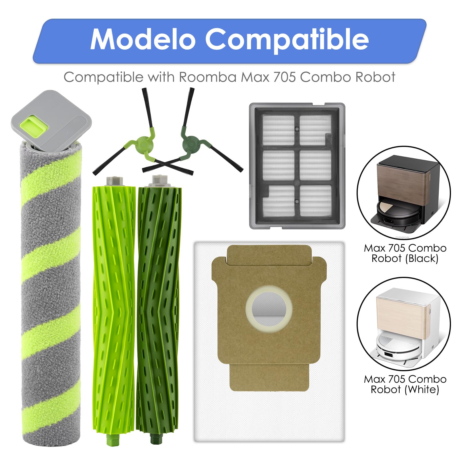 13 Pièces Max 705 Combo Pièces de Rechange pour Aspirateur Robot iRobot Max 705 Combo, 2 Brosses Rotatives, 1 Serpillère Rotative, 3 Filtres, 3 Sacs à Poussière, 4 Brosses Latérales, Kit d'accessoires