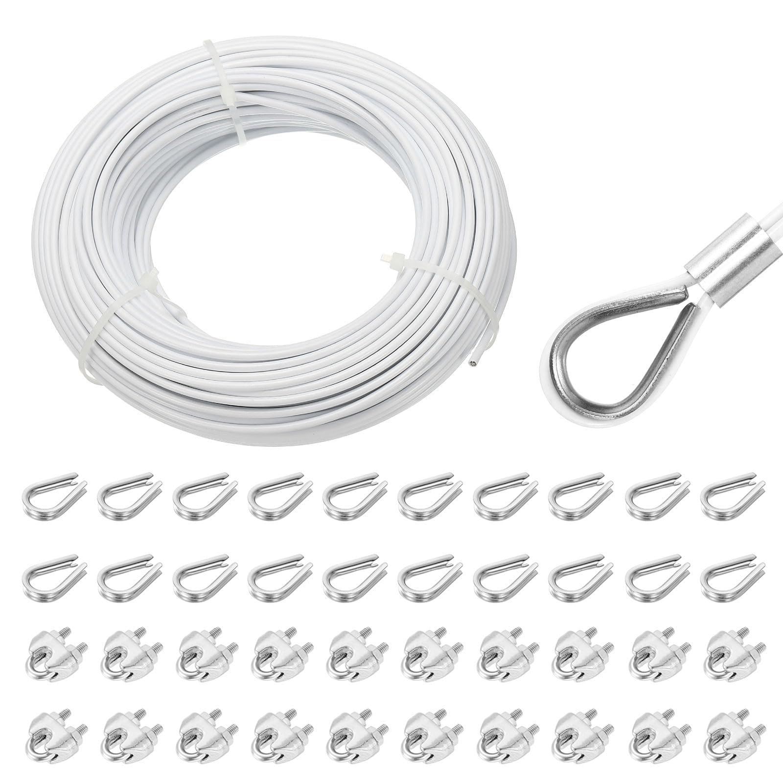 QUARKZMAN Cavo In Acciaio Inossidabile 304 Rivestito In Vinile Da 3mm (1/8") Con 20 Pezzi Di Morsetti A Vite E Girelle Per Ringhiere, Pavimentazioni, Appendere, Bianco 50m