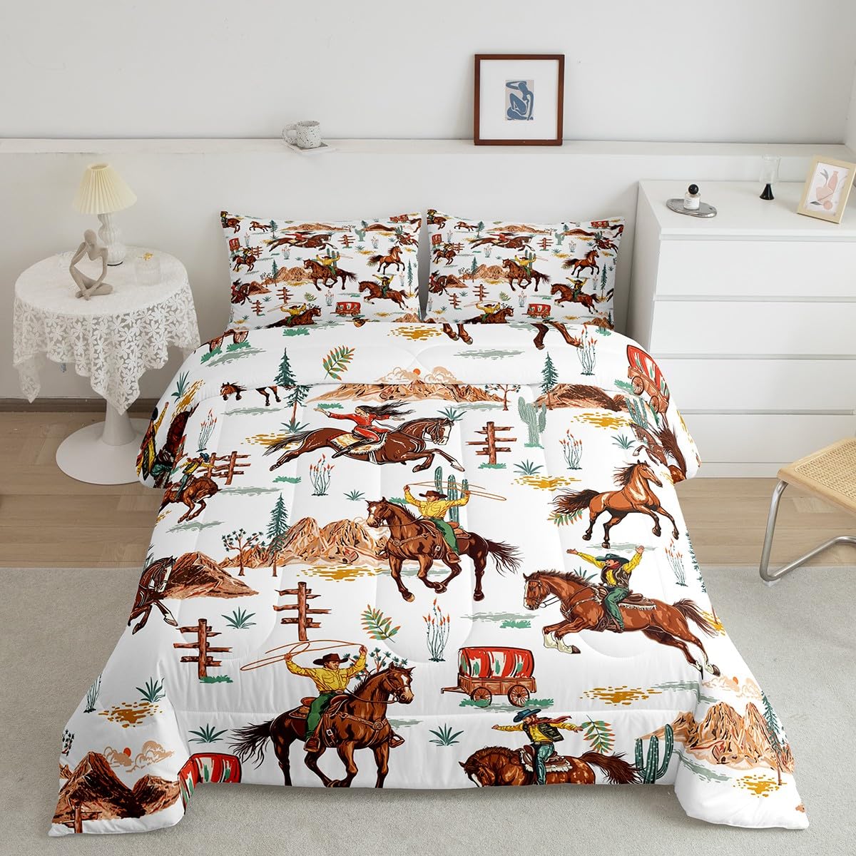 Feelyou Western Decor Comforter Toddler Size Wild Western Cowboy Cowgirl Comforter Set for Boys Girls Children Horse Desert Rodeo Cowboy Style Bedding Set Room Decor Brown Duvet Set 2Pcs