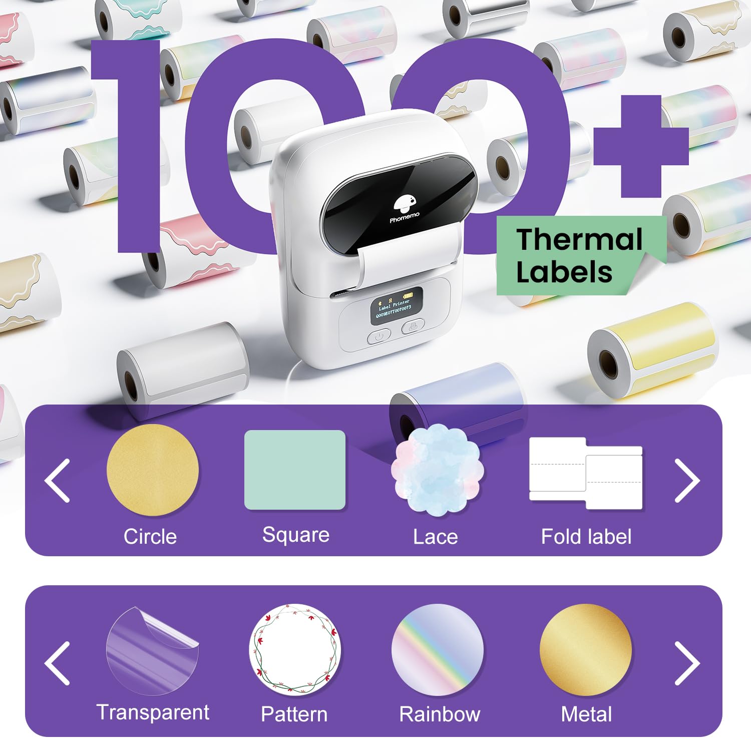 Phomemo M110 Etiquetadora con 2 Rollos de Etiquetas, Impresora de Etiquetas Adhesivas Bluetooth térmica portátil, para Uso en oficinas, códigos de Barras, pequeñas Empresas, Tiendas
