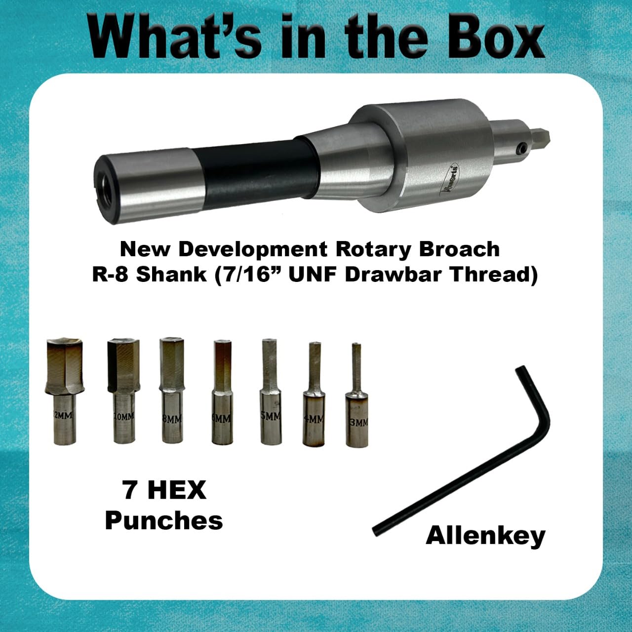 Assorts Newly Developed Rotary Broach (Metric) – R8 Shank (7/16” UNF Drawbar Thread) + 7 PCS H.S.S. Hex Punch Set (3–12 mm)