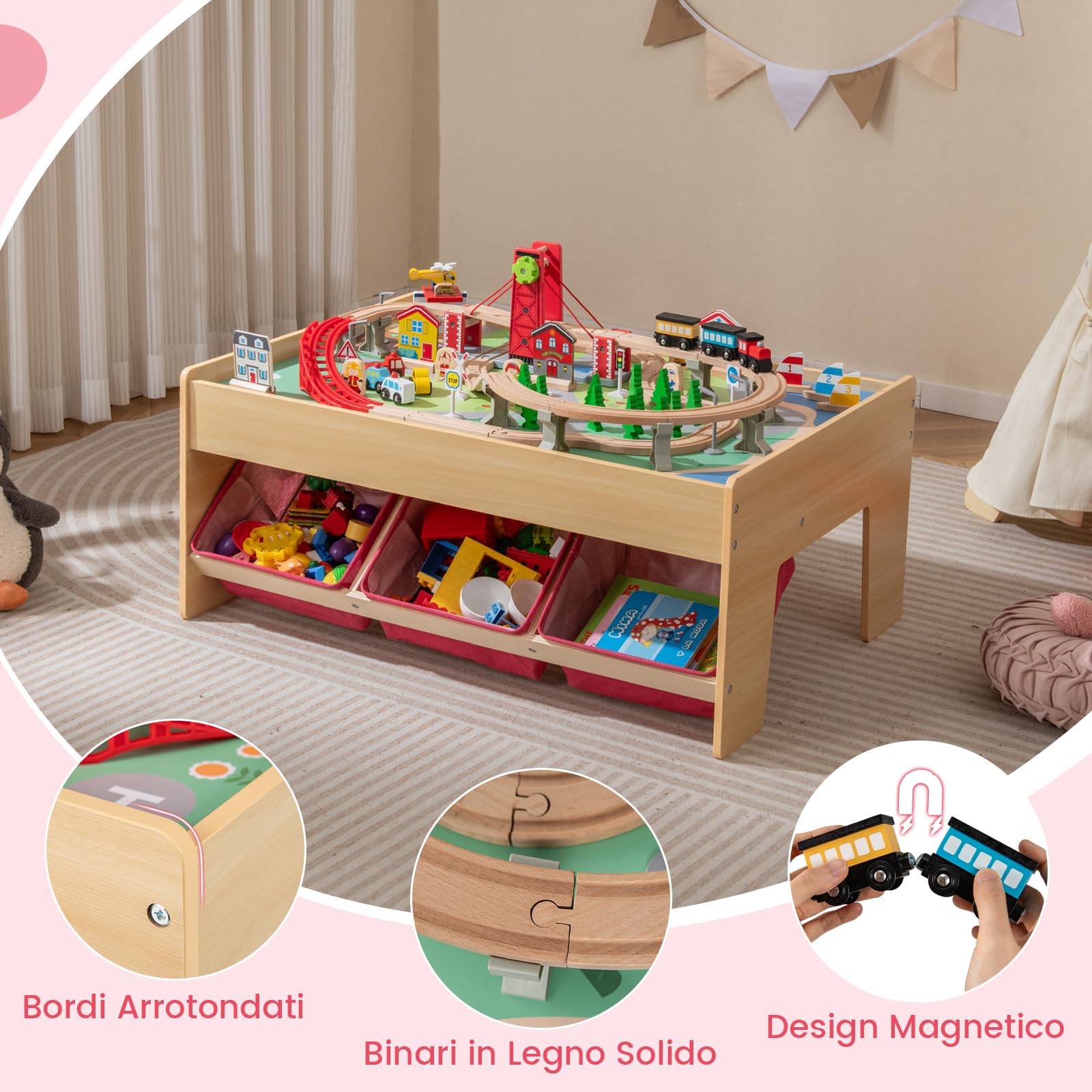 RELAX4LIFE Tavolo con Set Treno in Legno da 92 Pezzi, Tavolo Gioco Multifunzionale con Superfici Reversibili, 3 Contenitori Pieghevoli in Tessuto, Binari, Macchinine, Set Treno per Bambini da 3+ Anni