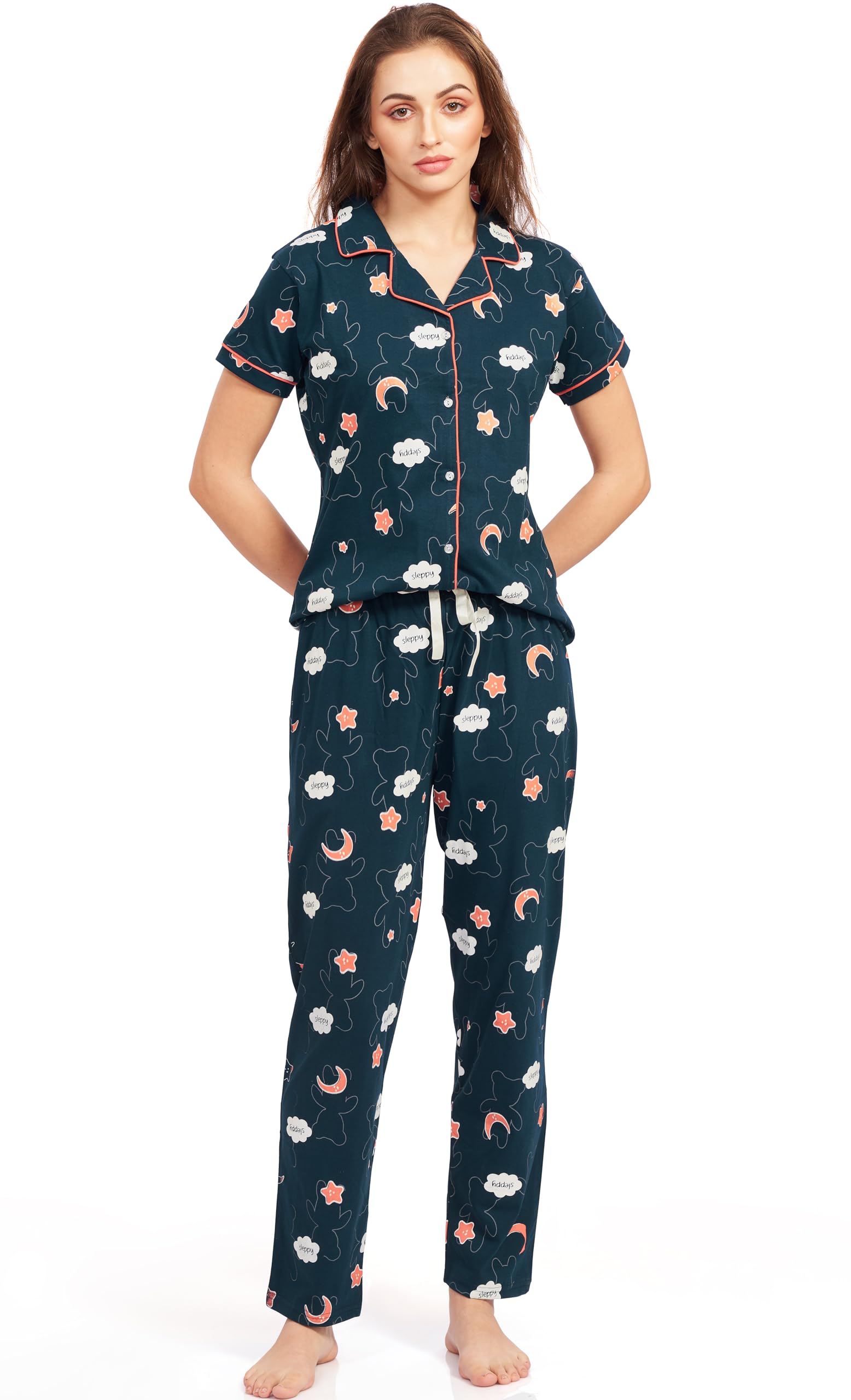 pastel clip Night Suits for Women Cotton Sleepy Printed Shirt & Pajama 2011-picture-22