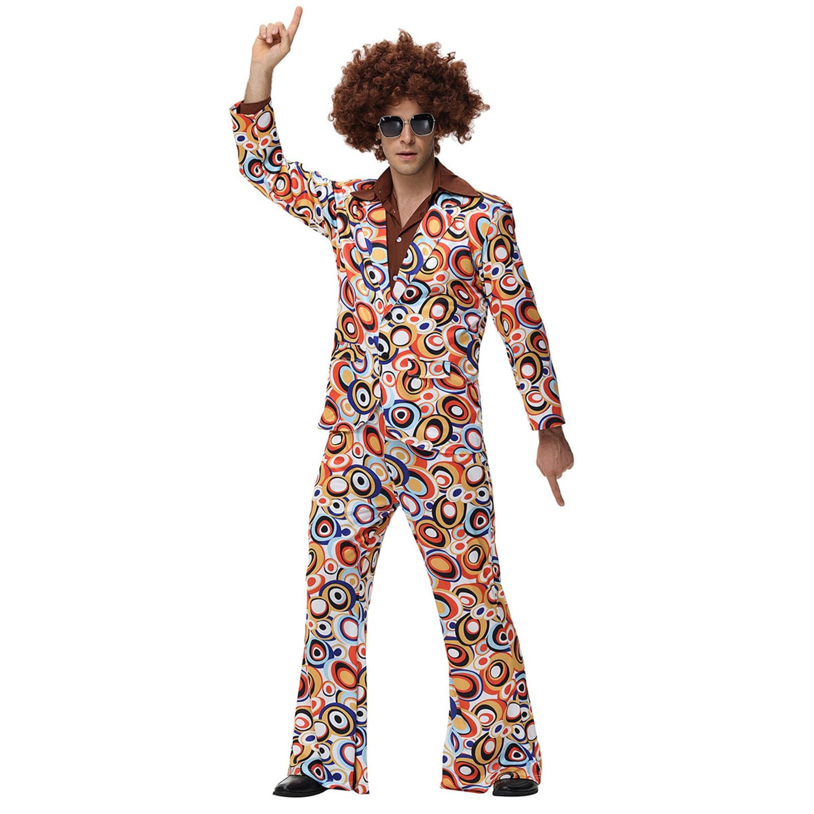 Disfraz de los años 80 para hombre, disfraz de carnaval vintage de los años 70, camisa de discoteca clásica de 2 piezas y pantalones acampanados, hippie, disfraz de carnaval