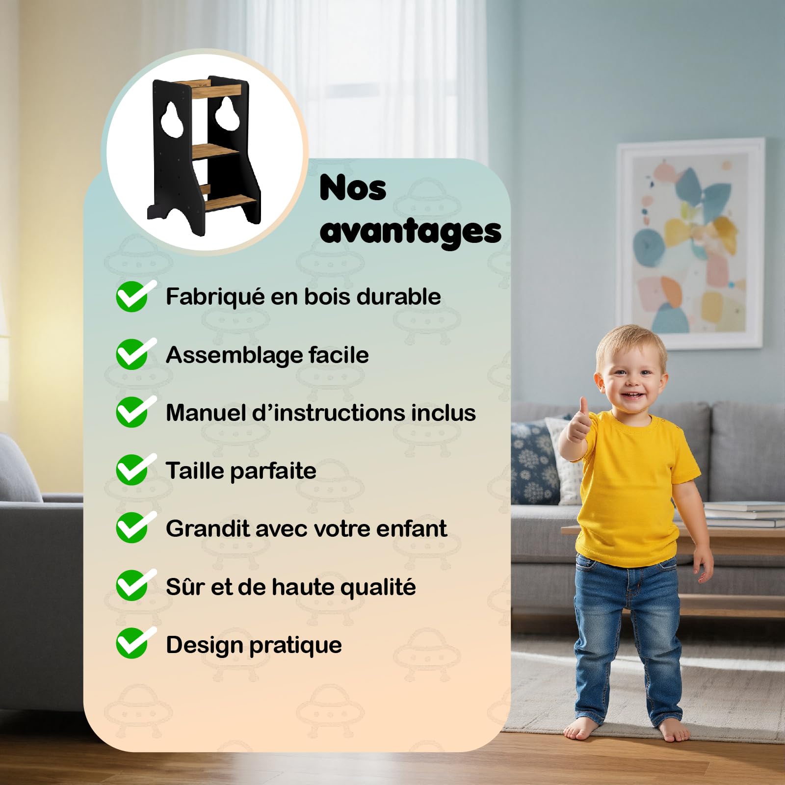 COSYLAND Tour d Observation Montessori Réglable en Hauteur pour Enfants de 18 Mois à 6 Ans, Chaise d Apprentissage Sécurisée en Bois, Design Moderne et Stable, Idéale pour Bébé - Noir/Naturel