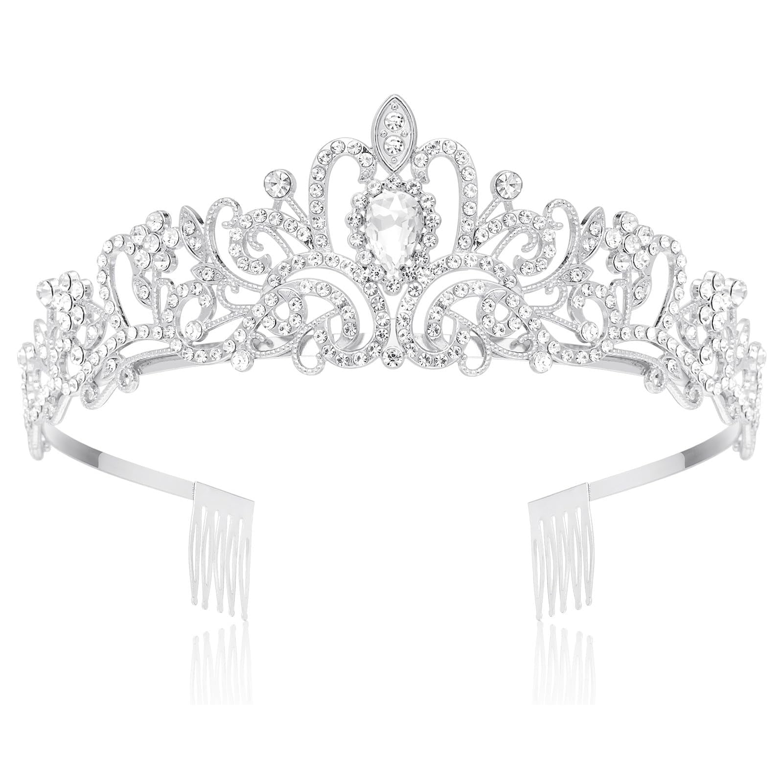 BKSCAYXS Diadema de corona de perlas de diamantes de imitación, tiara de corona de cristal plateado para niñas y mujeres, diadema de novia de boda, corona de flores y hojas, diadema de princesa de lujo, tiara