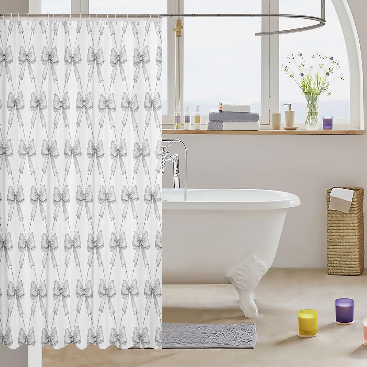 jejeloiu Gray Bow Shower Curtain 72"x78" Cute Bowknot Bath Curtain Boys Girls Kawaii Bathroom Shower Curtain Set for Kids Women Men Bow and Stripes Kids Bathroom Accessories