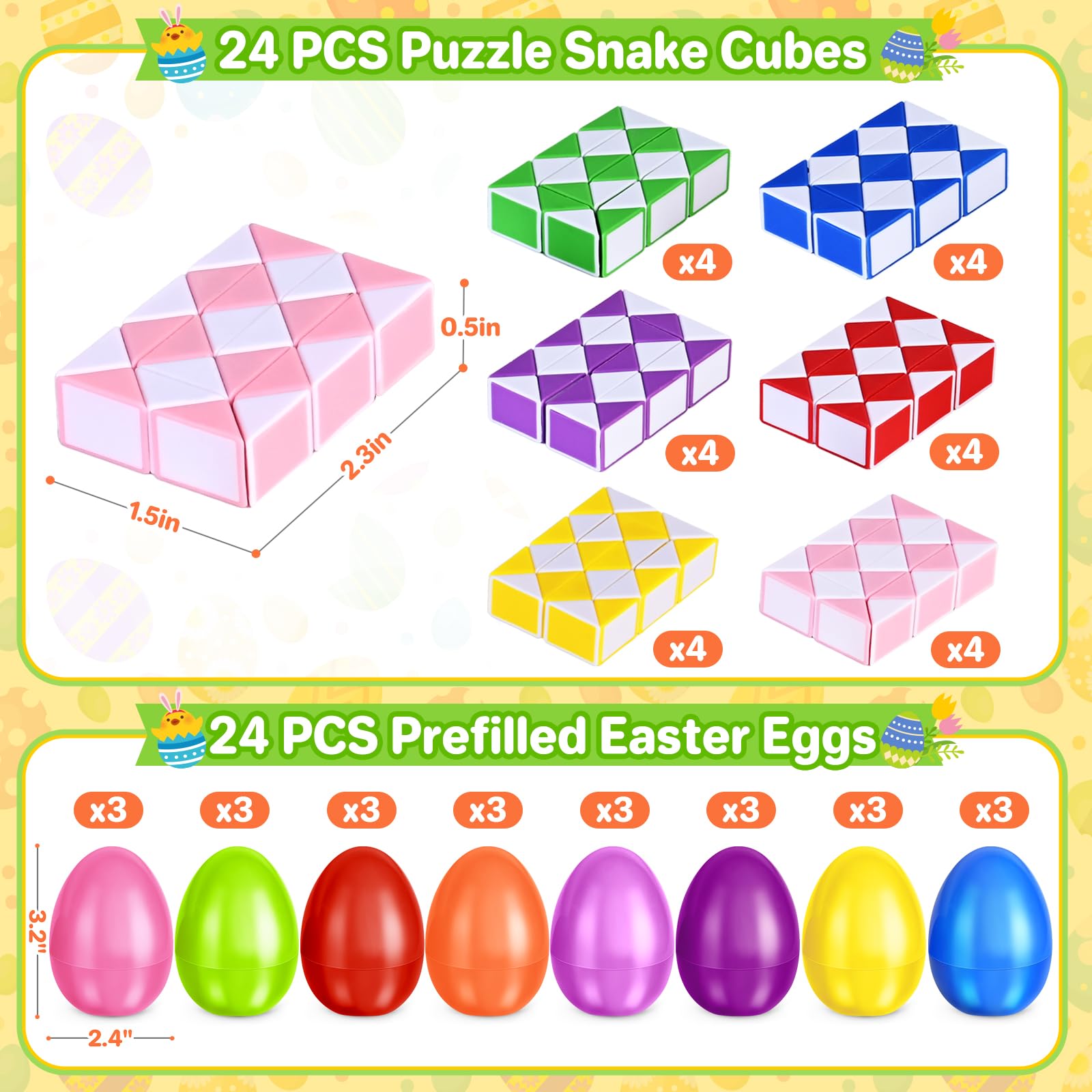 ShyLizard 24 Pack Prefilled Easter Eggs With Snake Twist Toys, Blocks Fidget Toys For Easter Hunt, Basket Stuffers Filler, Party Favors, Classroom Prize, Surprise Egg