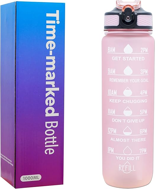 1l Water Bottles with Straw  Time Markings Motivational Sport Water Bottle | BPA Free Tritan Leak Proof Bottles for Men, Women, Running, Cycling, Office, Gym and Sport | One-Click Flip Lid (Pink)