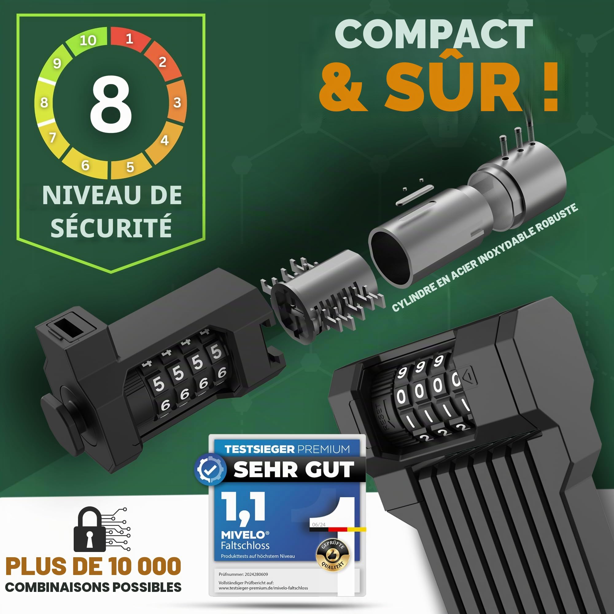 MIVELO Antivol pliable pour vélo - Haute sécurité - 85 cm de long - Serrure à combinaison avec support - Idéal pour vélo électrique, VTT et vélo de route (avec code numérique)