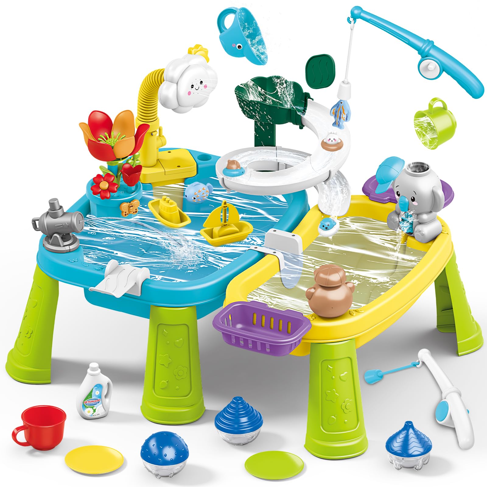 deAO Table de Jeux d'eau et de Sable, Table d'Activités avec Fonctions d'arrosage en Circulation, évier de Jeu à Eau Courante, Toboggan et Pêche, Jouet d'eau Intérieur pour Maison et Jardin