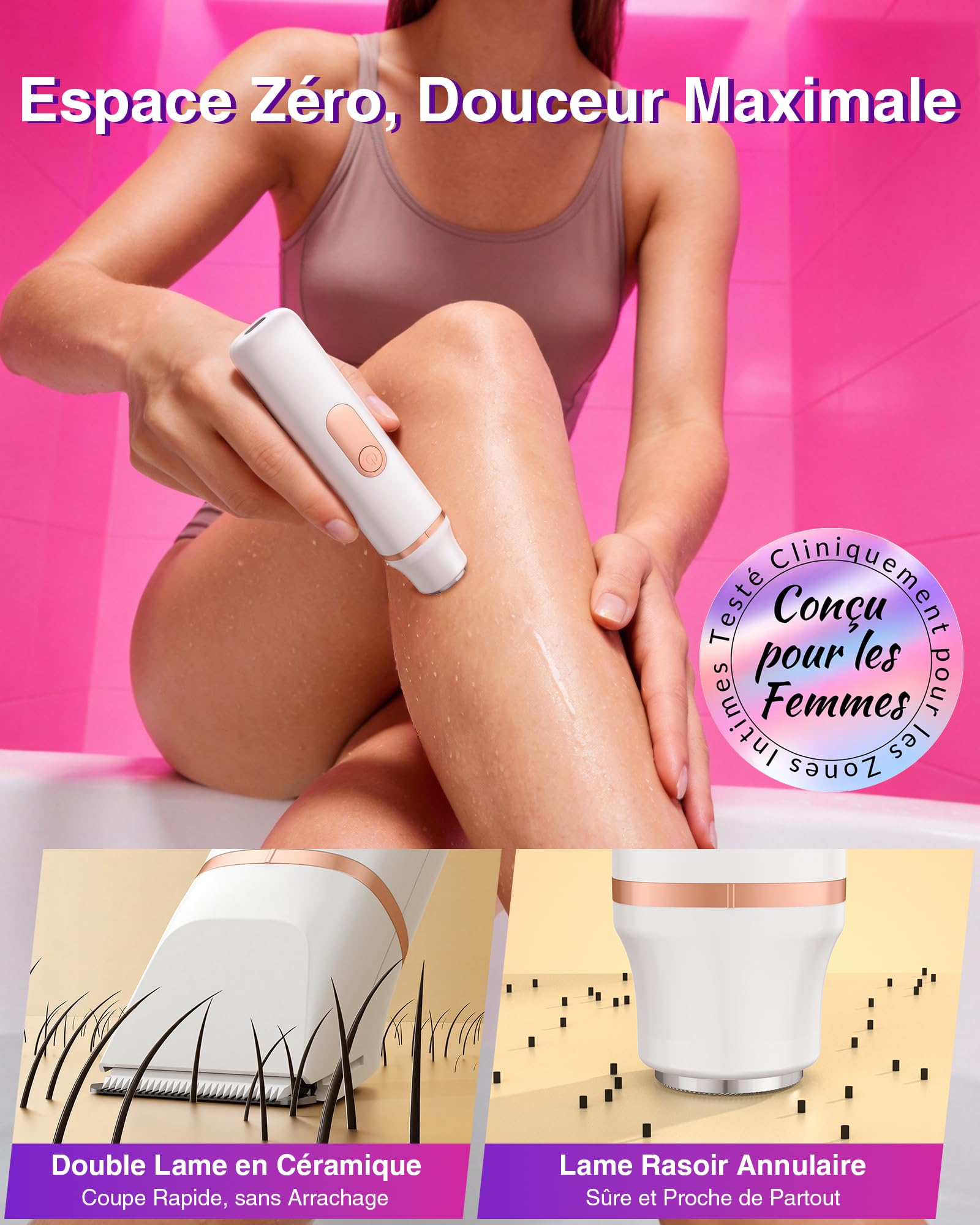 Rasoir Electrique Femme, Tondeuse Intime Intime: 3 en 1 Tondeuse Humide/Sèche, Portable et Sans Fil, pour Maillot/Visage/Aisselles/Jambes/Bras, Indolore et Sans Irritation, Cadeau Parfait pour Femme