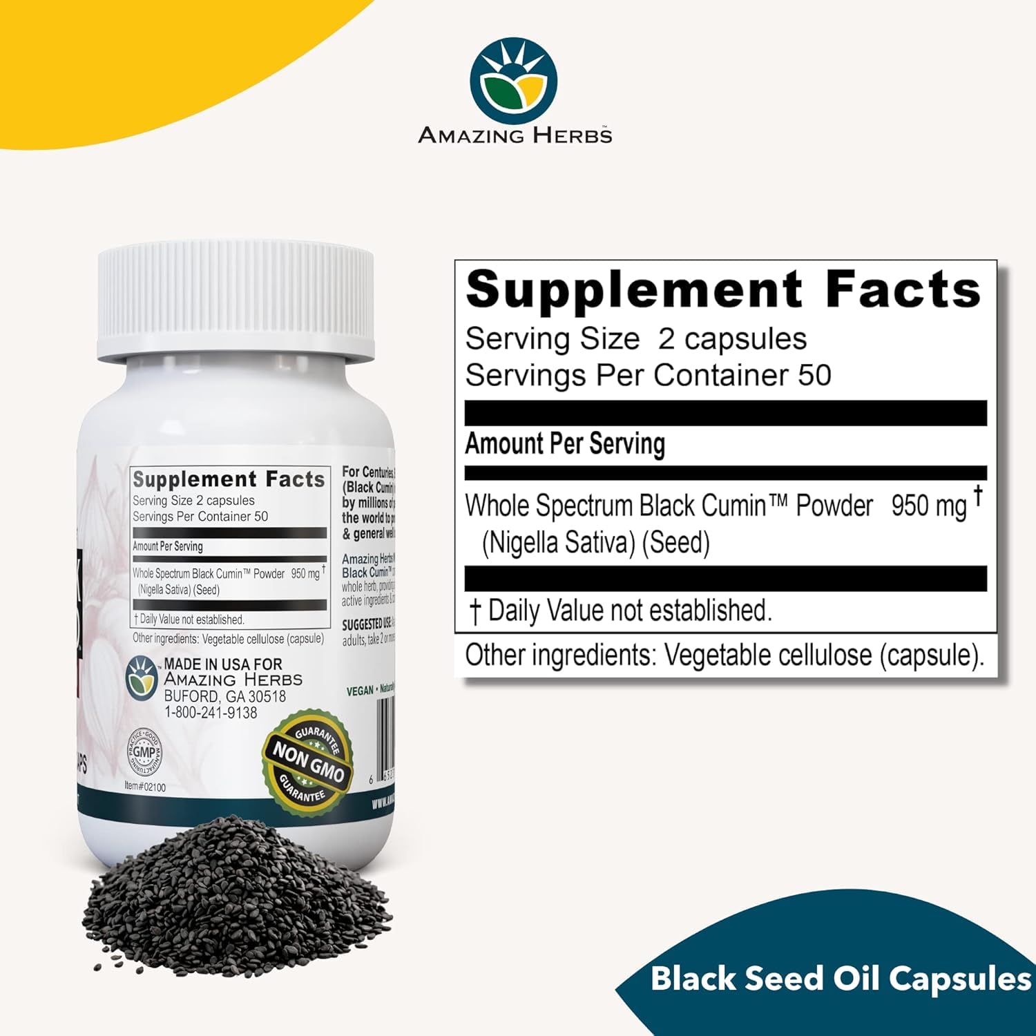 Amazing Herbs Whole Spectrum Black Seed Oil Capsules - 100 Count, 475mg — Amazon image 2