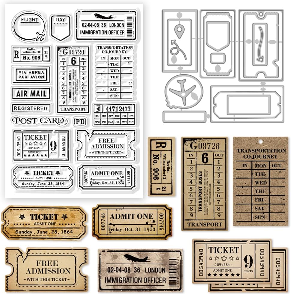 GLOBLELAND Retro Air Travel Ticket Clear Stamp Plane Postcard Cutting Dies Set Vintage Ticket Silicone Clear Stamps and Metal Arrow Die Cuts for Card Making and DIY Embossing Scrapbooking Craft Decor