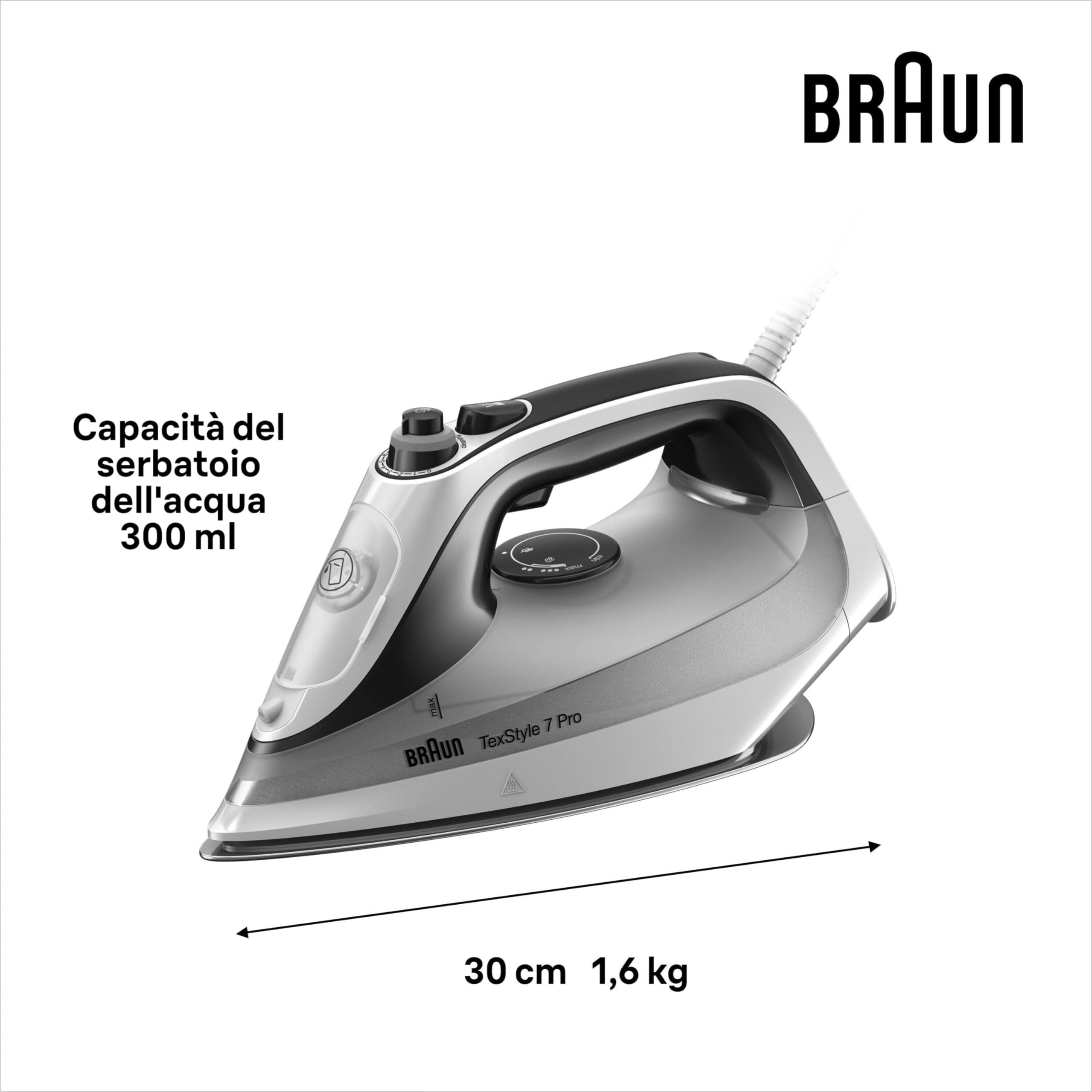 Braun TexStyle 7 Pro SI7149WB, Ferro da Stiro con Piastra FreeGlide 3D EloxalPlus, 220 g/min, Punta di Precisione, Manico Ergonomico, Ricarica da 300ml, Sistema Antigoccia, 2900W, Bianco/Grigio