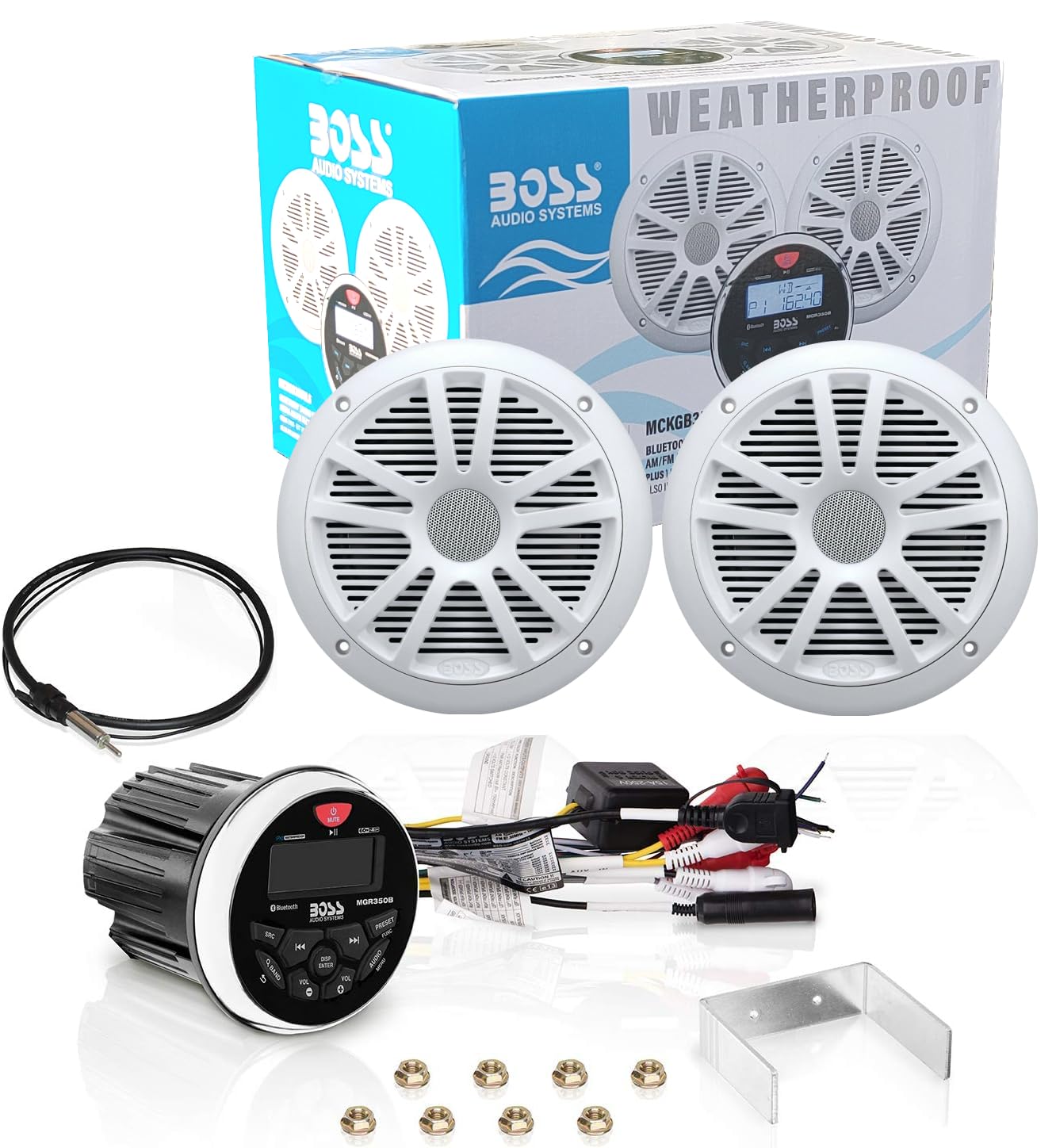 KIT SET PER BOSS AUDIO SYSTEMS MCKGB350W.6 1 kit marino con ricevitore AM/FM bluetooth waterproof, una coppia di altoparlanti MR6W da 16,5 cm 6,5" 90 watt rms 180 watt max e una dipole antenna, 1 kit