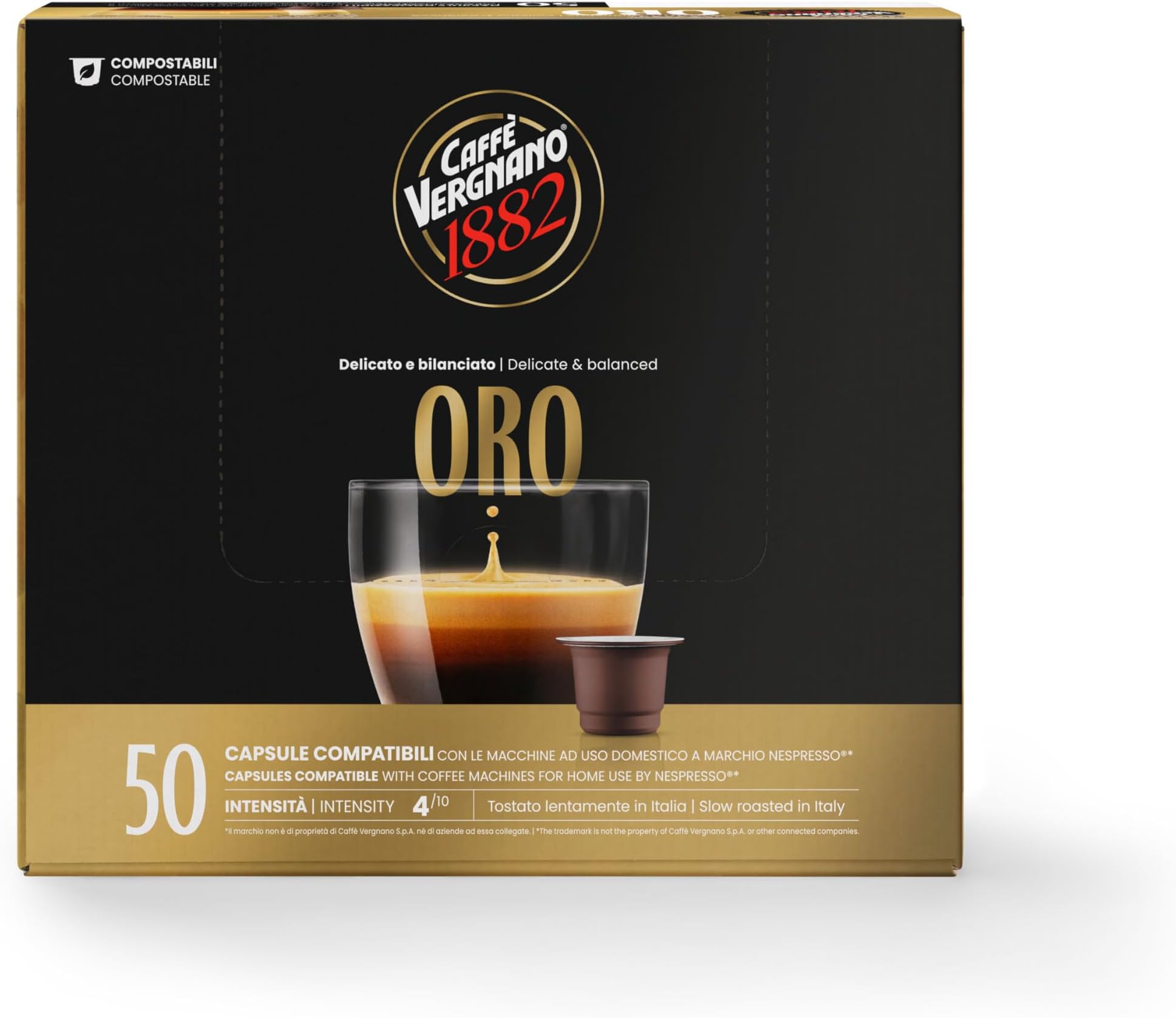 Caffè Vergnano 1882 Èspresso - Compostable Coffee Capsules, Compatible With Nespresso, Oro - Pack Of 50 Capsules