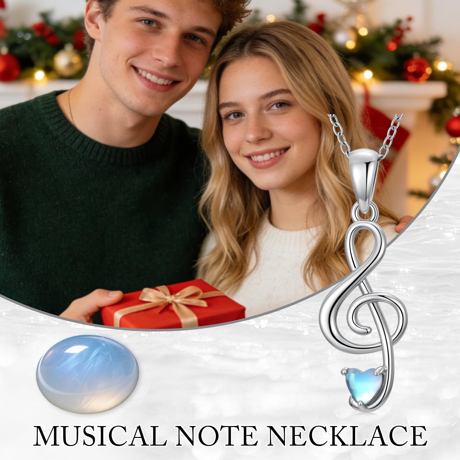 Collana da donna con note musicali, in argento Sterling 925, con ciondolo a forma di cuore, pietra di luna, per gli amanti della musica, catenina regolabile da 45 + 5 cm, idea regalo