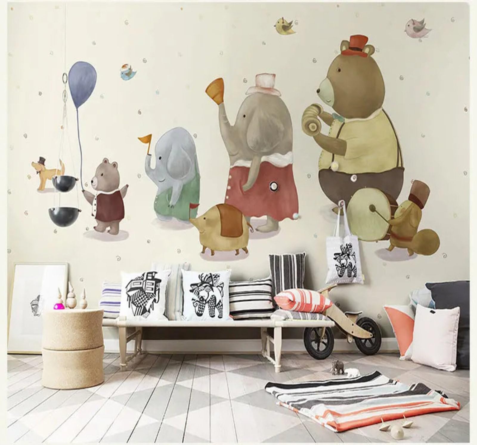 Retro Cute Elephants Bears Balloons 3D Wallpaper Easy Install Feature Office Living Room Sofa Bedroom TV Background Wall Decoration-250cm×170cm