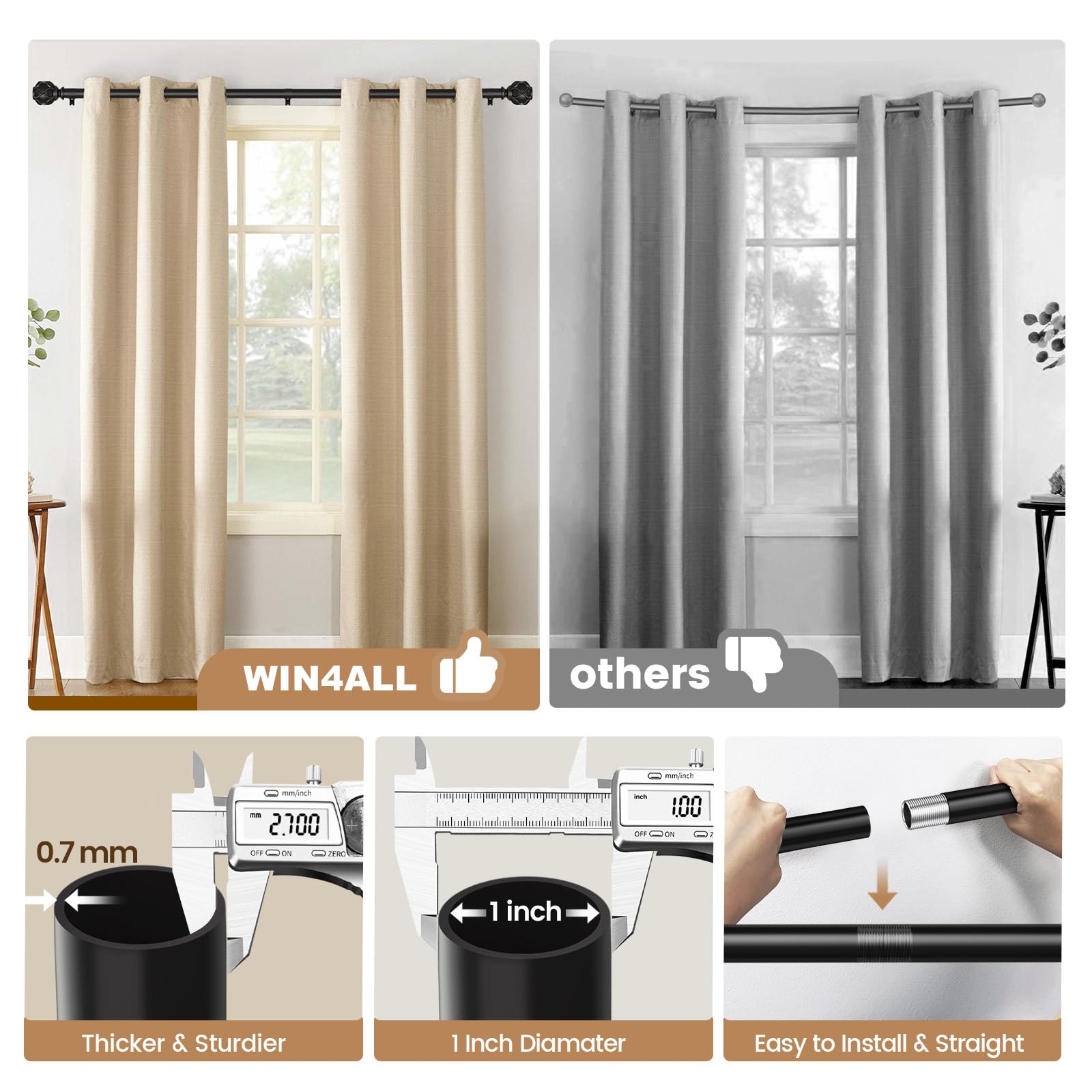 DEFYNEE Bastone Tende 80–183 cm, Asta Estensibile 25 mm, Bastoni per Tende con Staffe per Finestre di Camera da Letto e Soggiorno, Nero Opaco