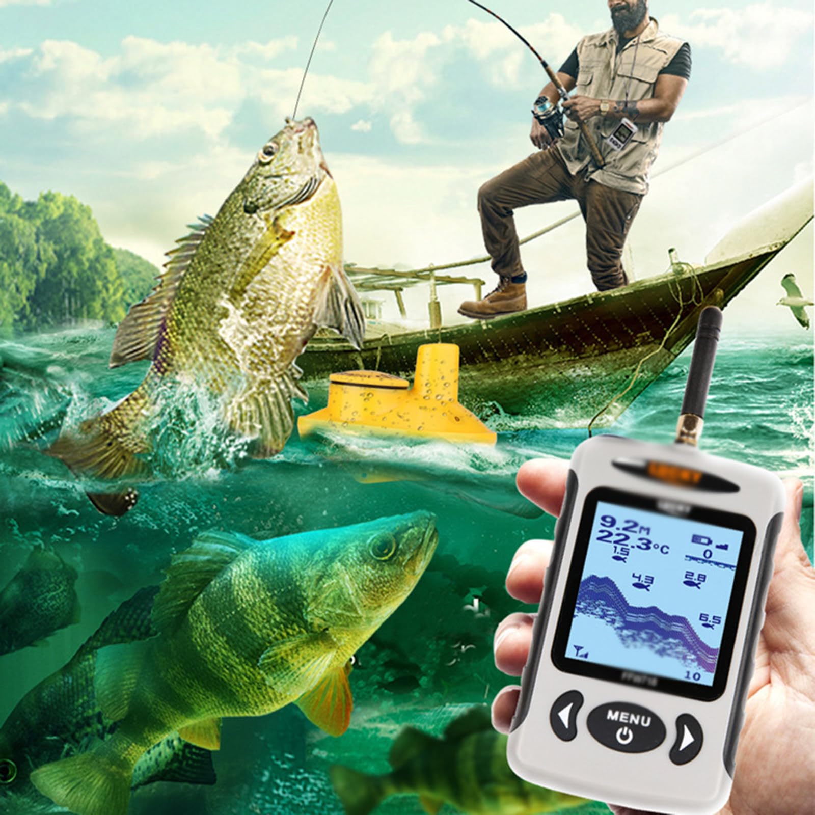 Sonarowa echosonda, Wizualna bezprzewodowa echosonda Ryba, Głębokość Sonarowa echosonda Bezprzewodowe menu Przenośna echosonda 45M/135Ft
