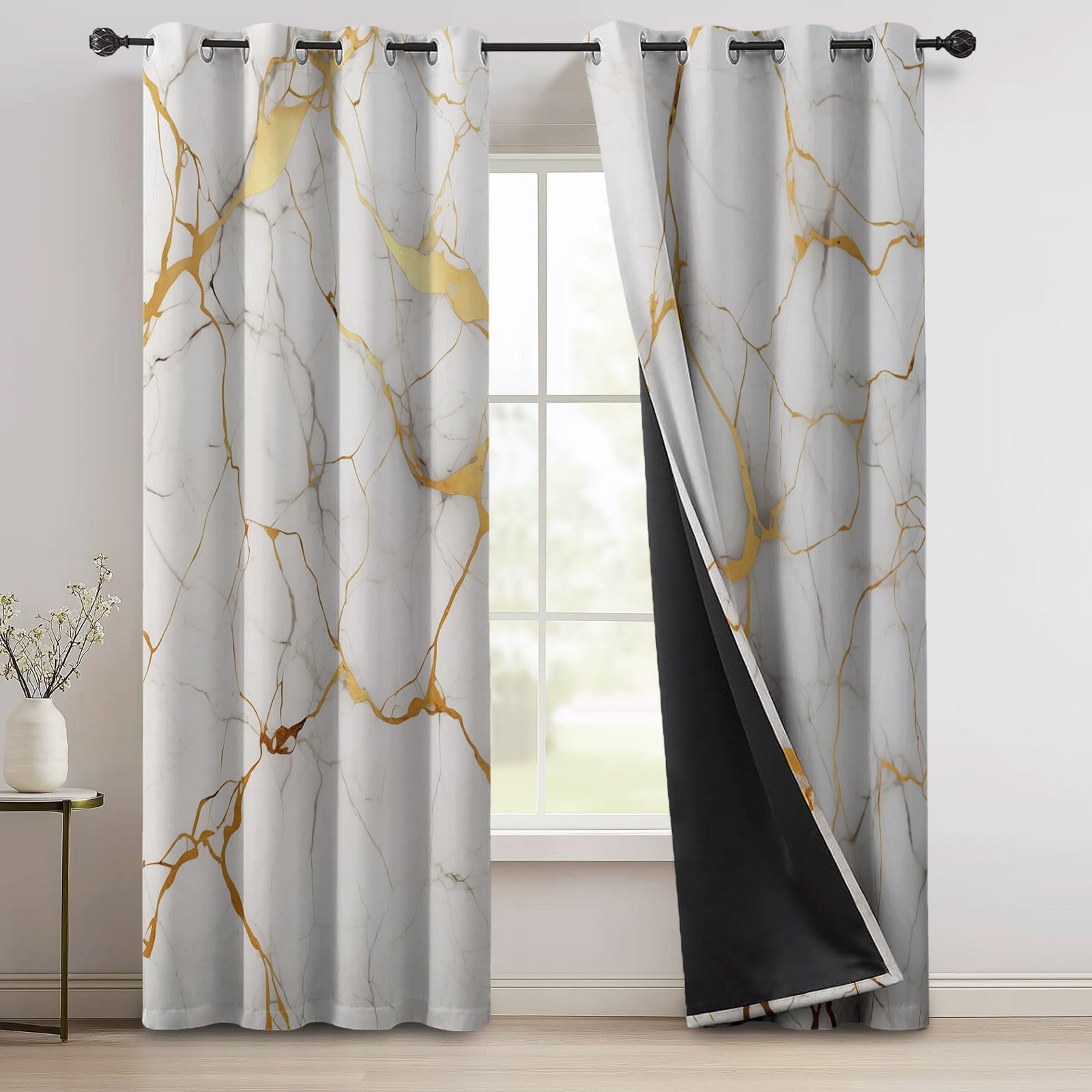 100% Rideau Occultant Blanc Rideaux Occultant Thermiques à Oeillets, Rideau Opaque imprimés Moderne Géométrique Marbre Decoration pour Chambre Salon, 140L X 200H cm (2 Panneaux)