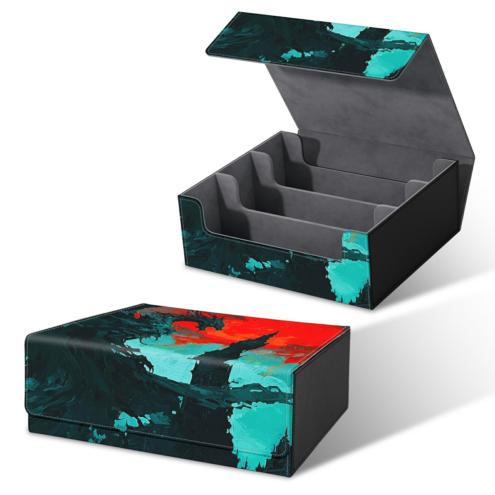 RWUTYTIUL Card Deck Box for MTG, Cards Storage Box Fits 120+ Sleeved, Leather Big Size Strong Magnetic Closing Case for Board Games Magic TCG CCG Baseball Collection Women Man, Ink Dragon