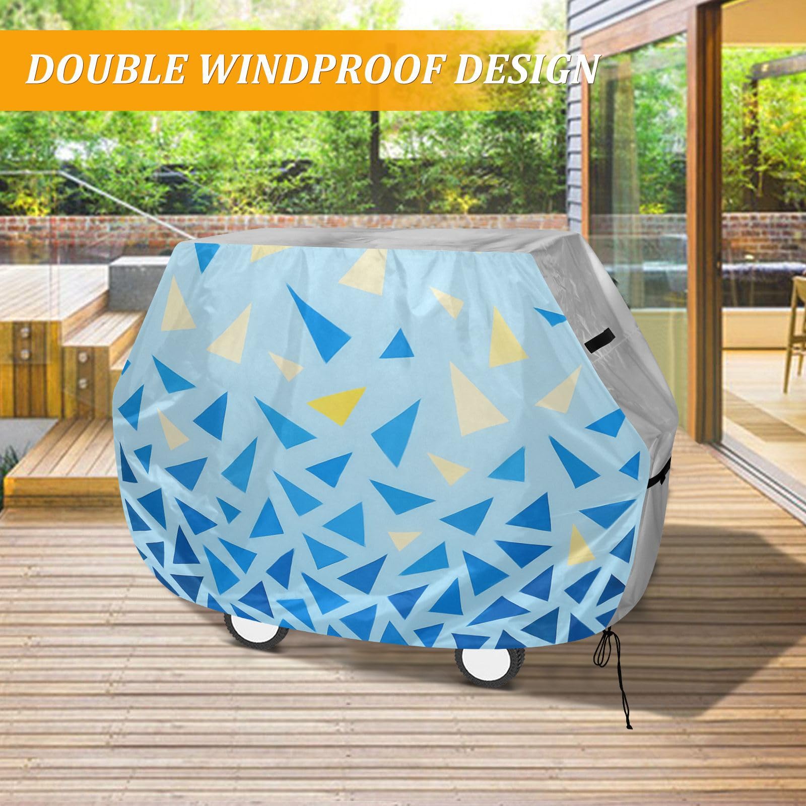 Niebiesko-żółty trójkątny gradientowy pokrowiec na grilla na patio, 150 cm, wodoodporny, wytrzymały, odporny na blaknięcie i promieniowanie UV, pokrowce na wędzarnie z regulowanym sznurkiem chroniący