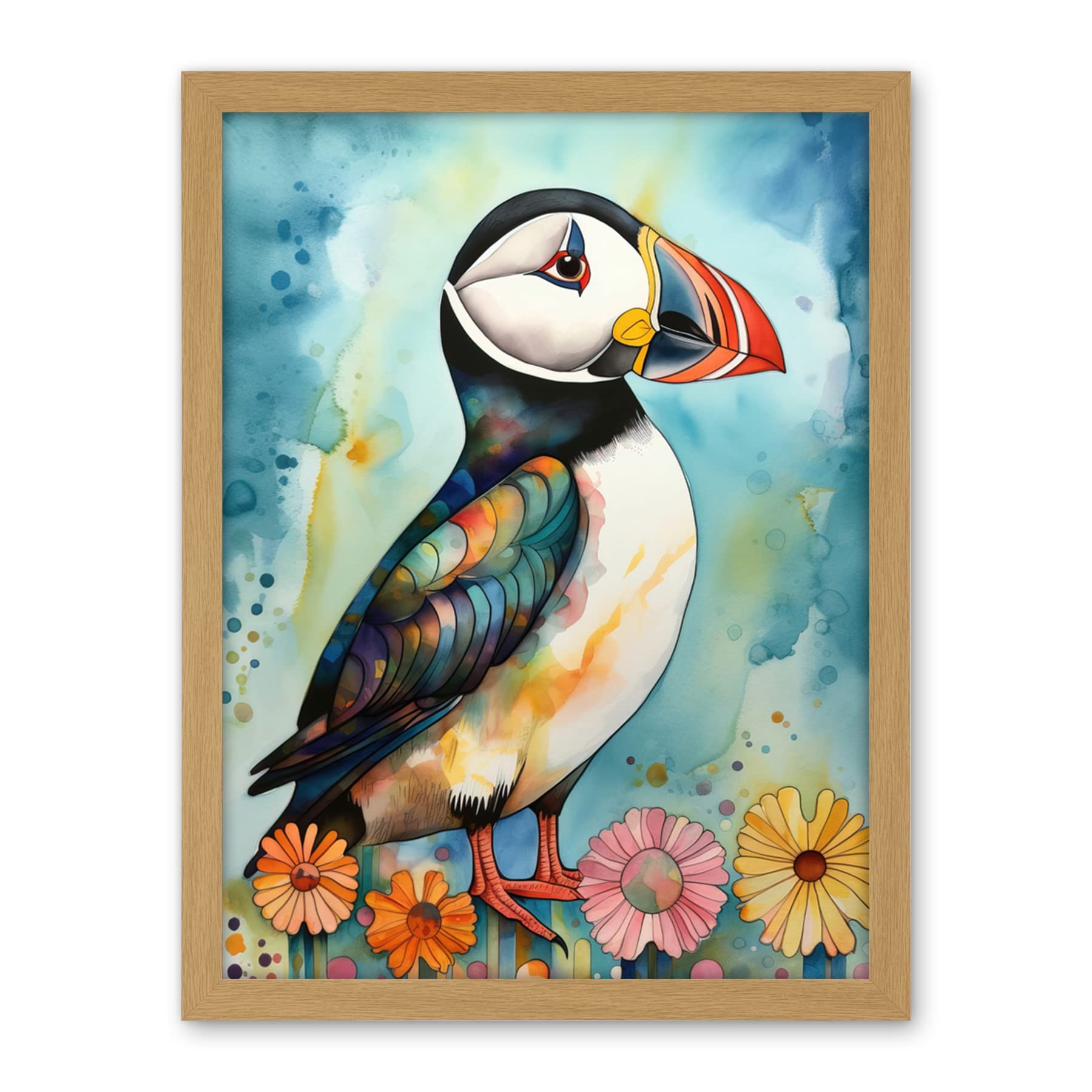 Artery8 Puffin Bird With Flowers Folk Art Artwork Framed Wall Art Print 18X24 Inch