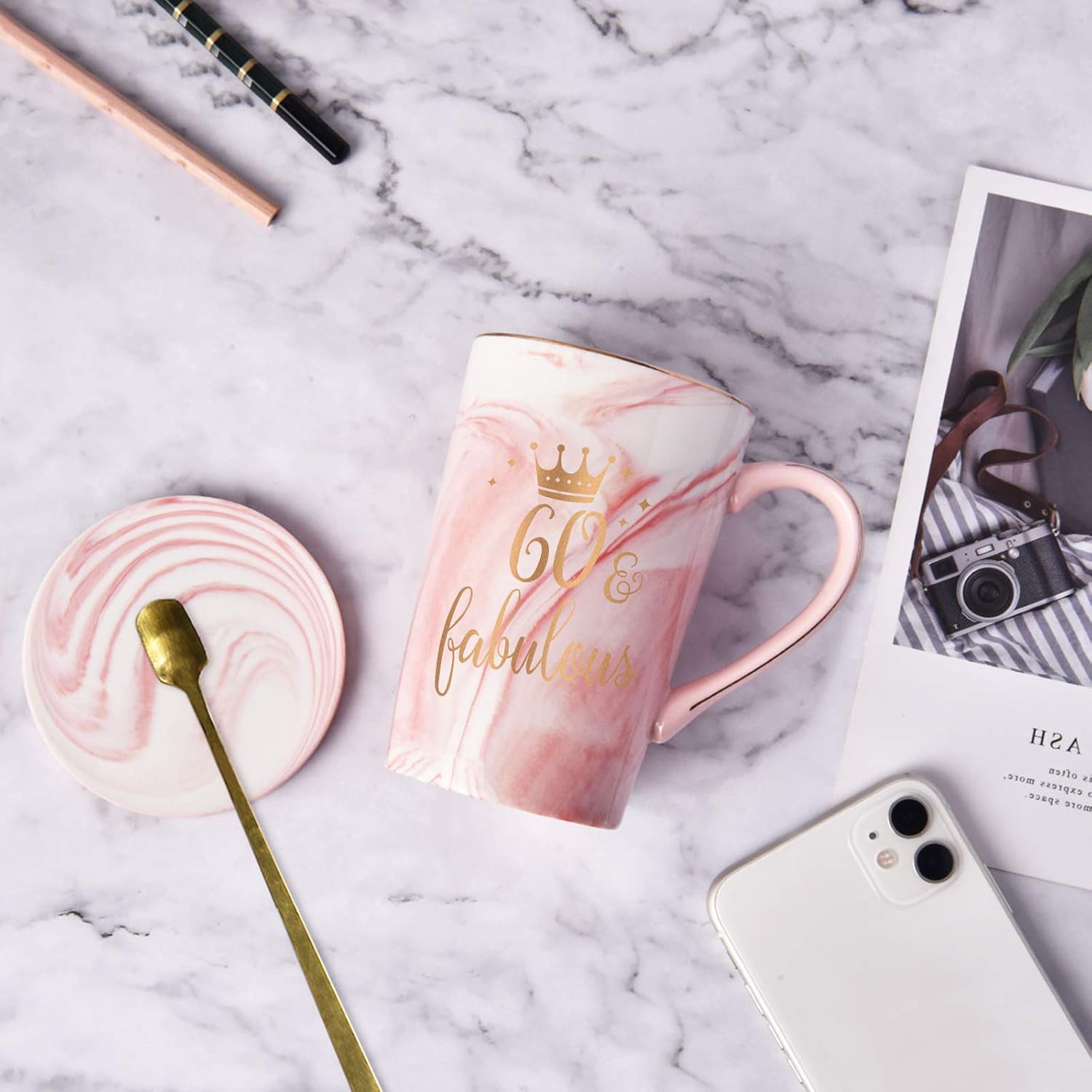 One-Day Sale: Up to 80% Off 60th Birthday Gift - 60th and Fabulous Coffee Mug - 60th Anniversary Christmas Mothers Day Gifts for Grandma - Grandmother Coffee Mug for Women - Pink Marble Mug with Spoon Coaster Box 14 Oz