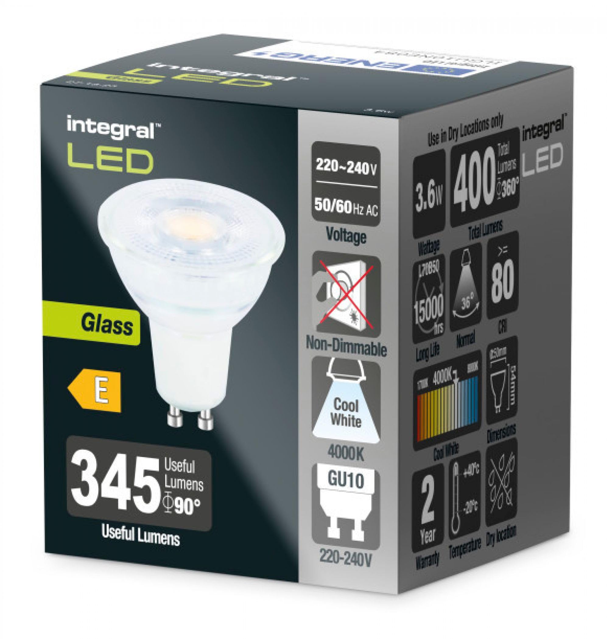 Integral LED GU10 Glass PAR16 4.7W (53W) 4000K 425lm Non-Dimmable Lamp, Dichroic Look - Image 2