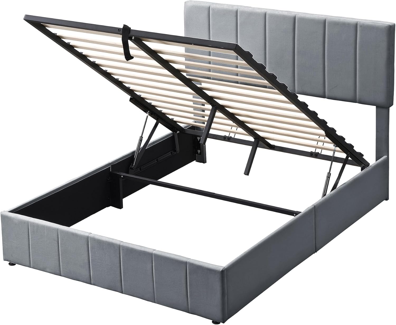Gas Lift Up Platform Bed, Upholstered Bed Frame with Hydraulic Storage System, Wooden Slat Support and Under Bed Storage, Space-Saving Design, Full,Gray