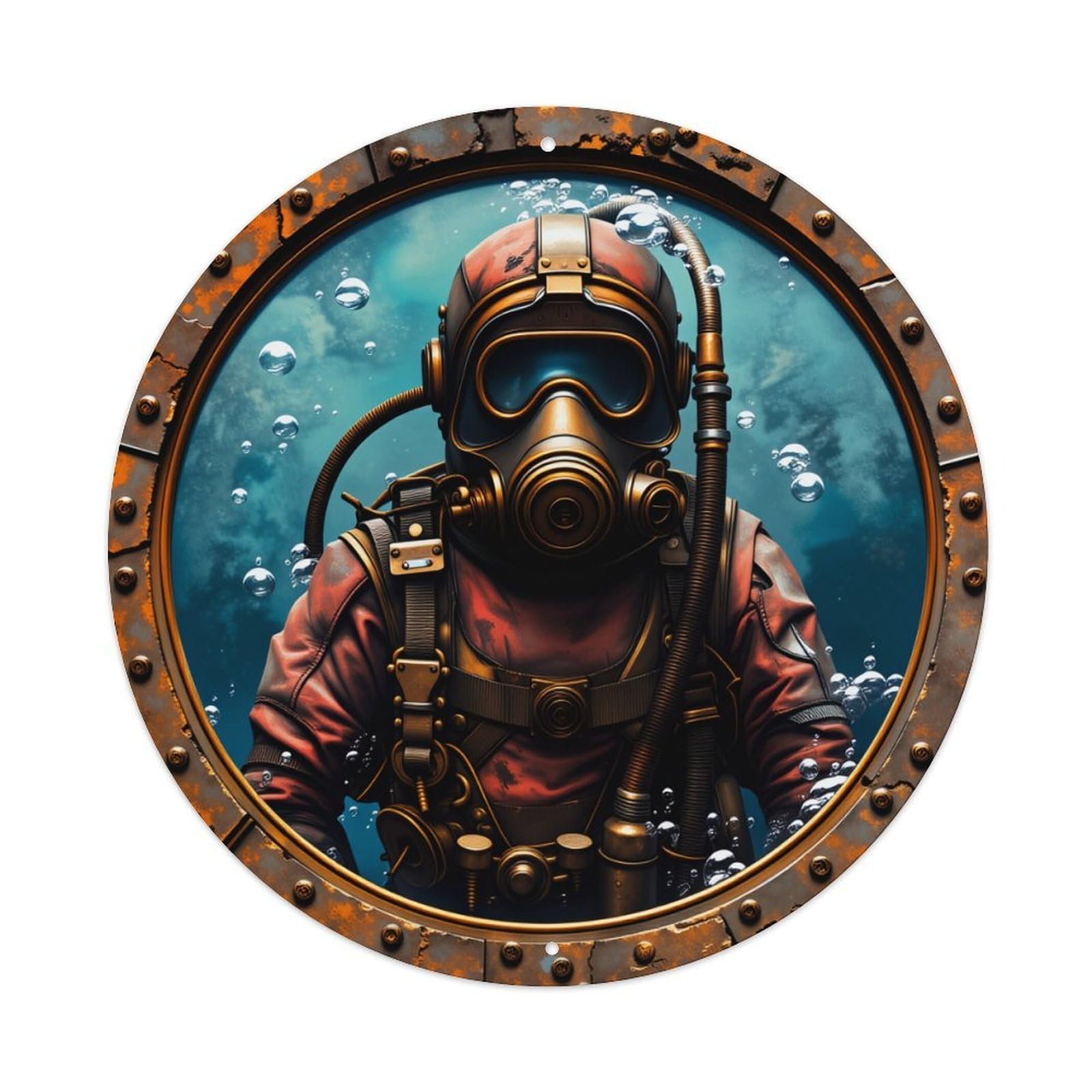 Steampunk Diver In Rusty Porthole Underwater Scene Round Vintage Tin Sign,Retro Wall Art,Metal Poster for Home, Bar, Garage, Cafe, Rustic Indoor & Outdoor Decor, 8x8 Inches