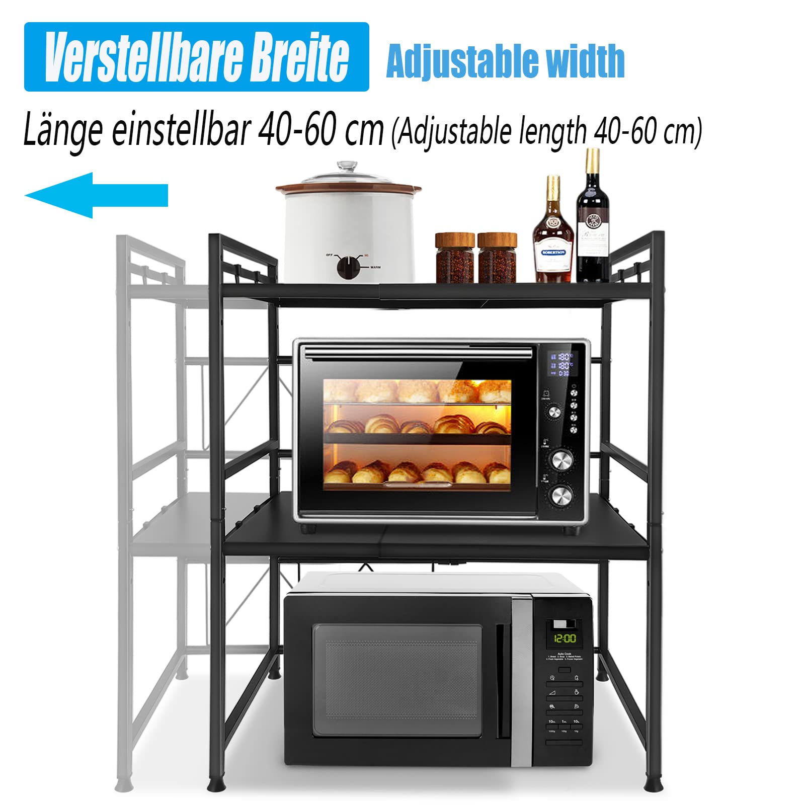 YRHome Erweiterbares Mikrowellen Regal 3-stufiges Mikrowellenständer Mikrowellenhalter Schwarz mit 8 Haken zum Aufhängen Organizer Bäckerregale Mikrowellenregalständer Küchenarbeitsplatten für Küche