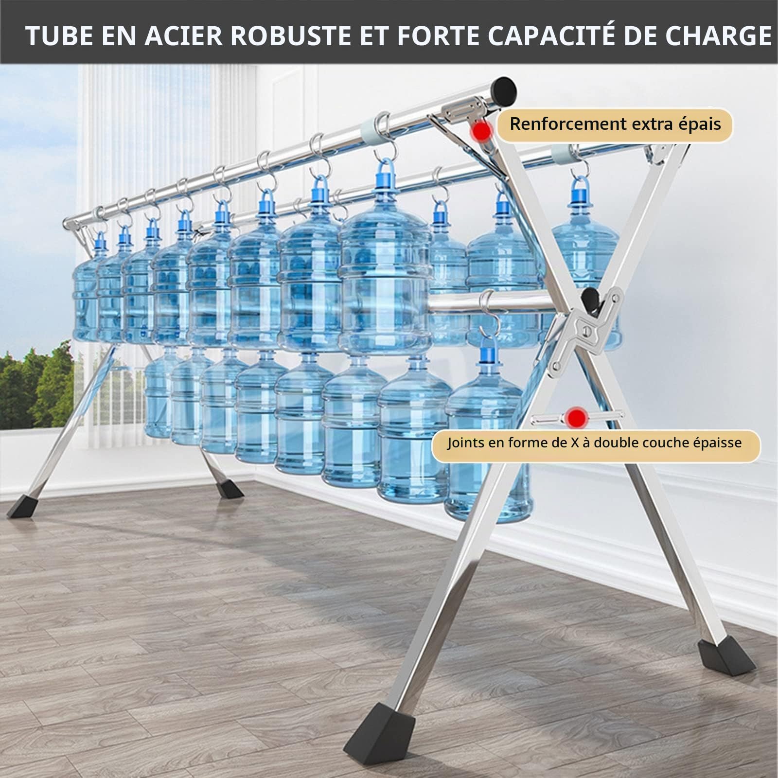Poteau Etendoir Linge Exterieur, Etendage Linge Interieur Extensible, Etandoire à Linge Intérieur Pliant en Acier Inoxydable Con Pieds Antidérapants, Diamètre du Tube 2,5 cm,240cm