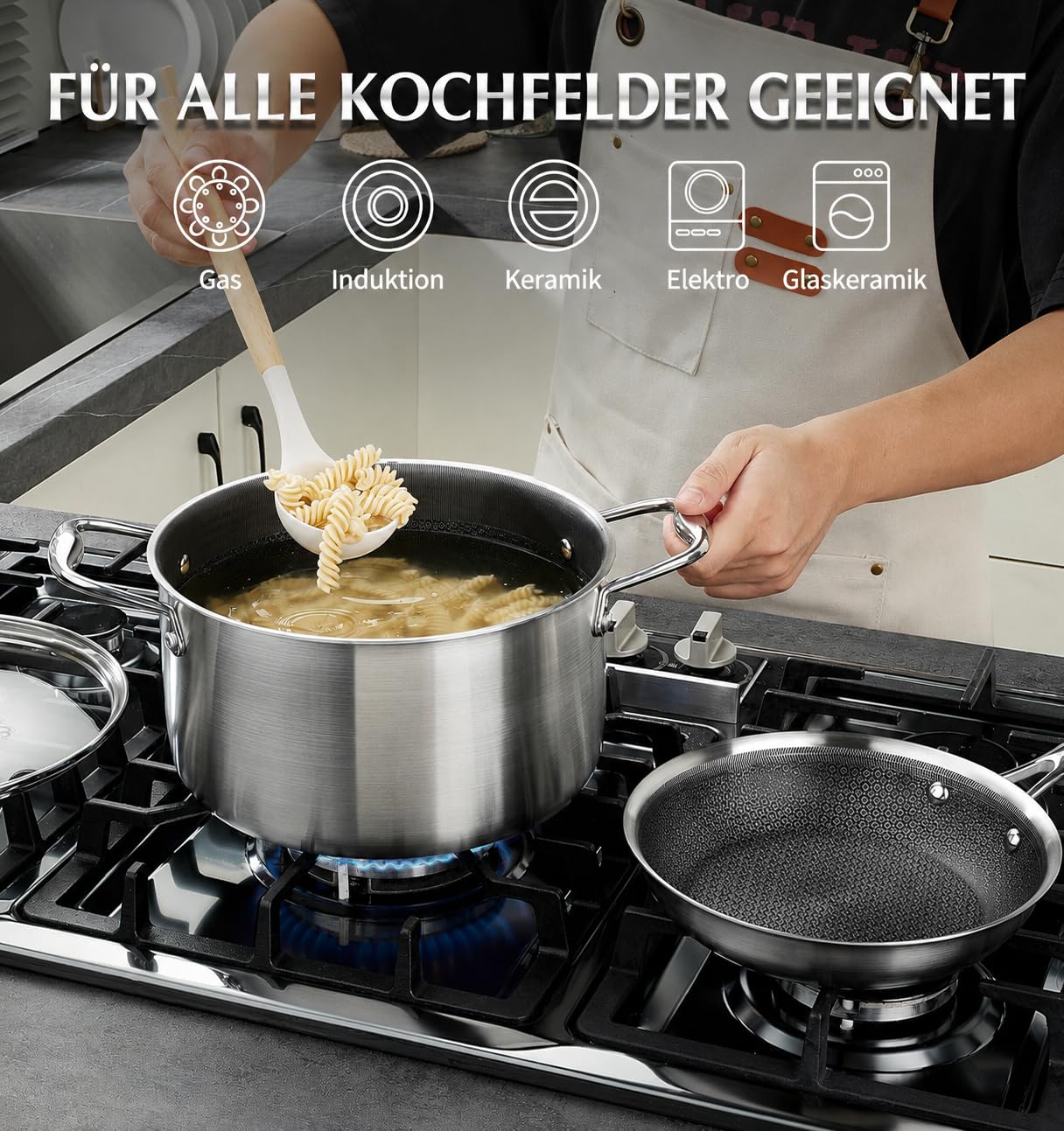 KOCH SYSTEME CS Edelstahl-Topfset 6-teilig mit Glasdeckel,18/20/26 cm, Edelstahl-Kochtopf-Set mit Hybrid-Antihaftbeschichtung, Kochtopf Induktion, Spülmaschinengeeignet, 2L/2.8L/7.5L