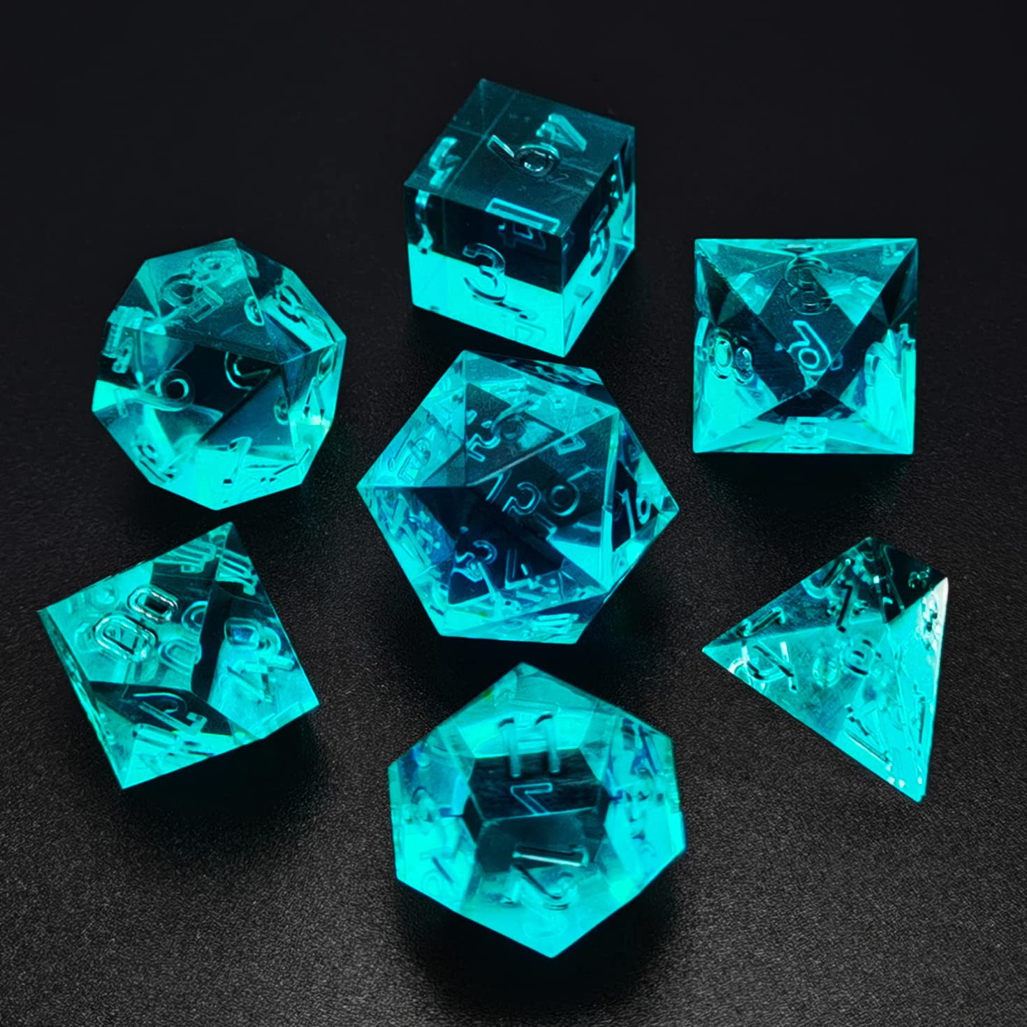 Bescon Crystal Clear (Unpainted) Sharp Edge DND Dice Set of 7, Razor Edged Polyhedral D&D Dice Set for Dungeons and Dragons Role Playing Games, Aquamarine Color