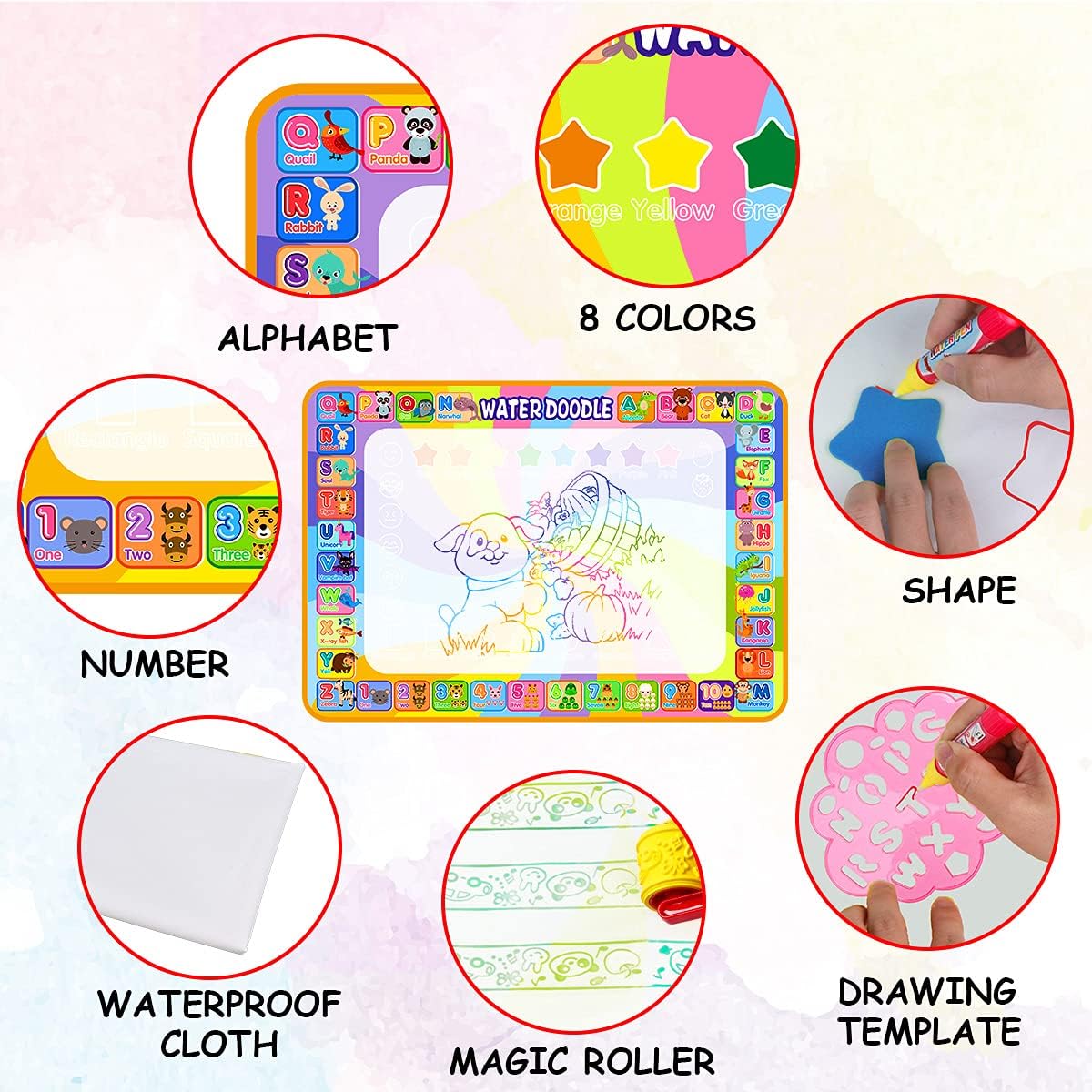 Water Doodle Magic Mat, Larger 100 x 70cm Multicolored No Mess Water Drawing Painting Pad with 3 Magic Pens & 8 Stamps - Best Educational Toy & Xmas Gifts for Boys& Girls Age 3 4 5 6+ Years Old - Image 5