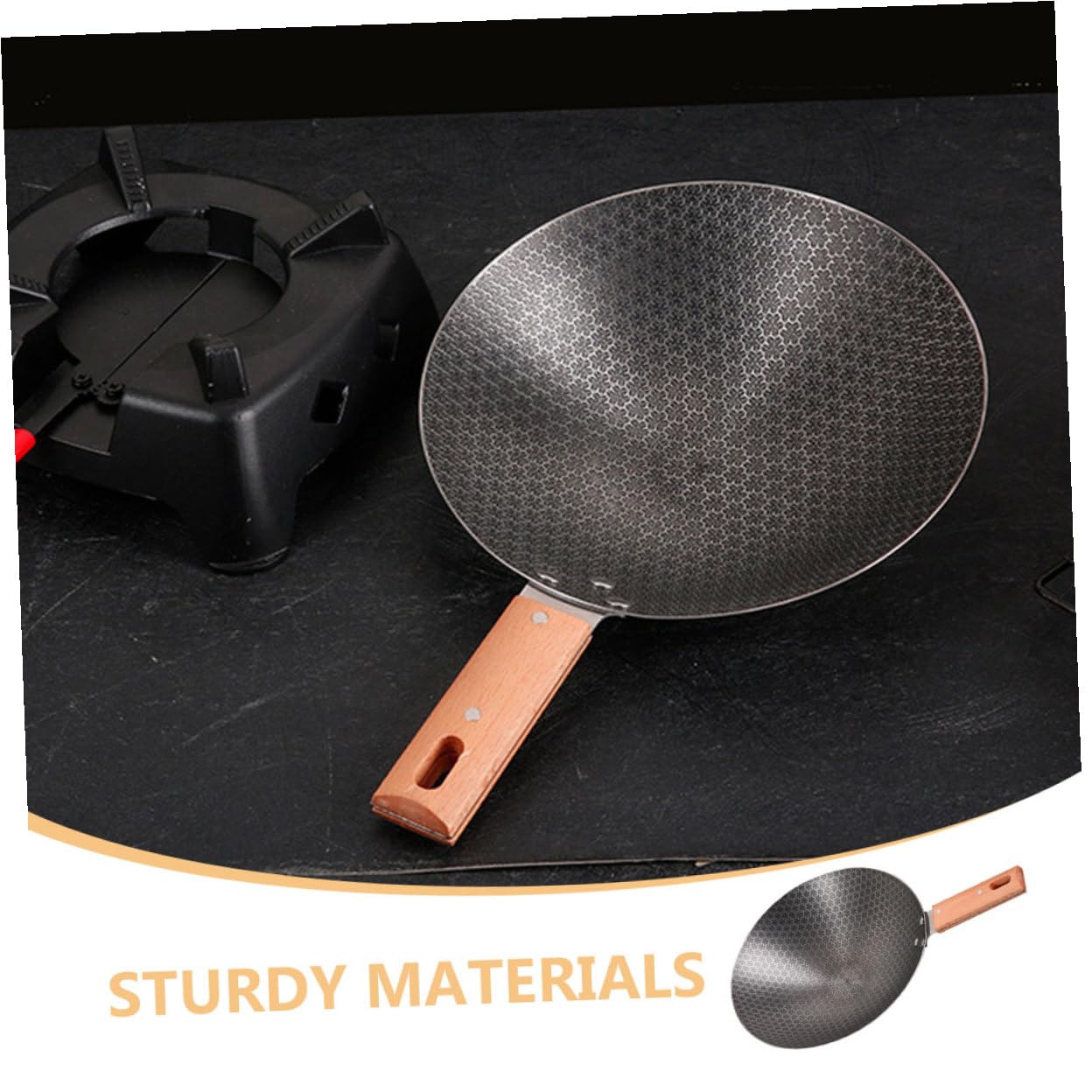 GANAZONO Wok Giapponese Piccolo in Ferro con Fondo Tondo per Cucina Induzione e Outdoor Manico in Legno Resistente alle Alte Temperature Padella Antiaderente Facile da Pulire