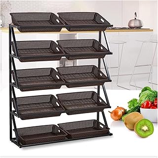 JLXJYS Supermarket Snack Fruit Vegetable Display Shelf Stand, Floor-Standing Retail Kitchen Basket Shelf with 10 Brown Baskets, for Department Convenience Stores