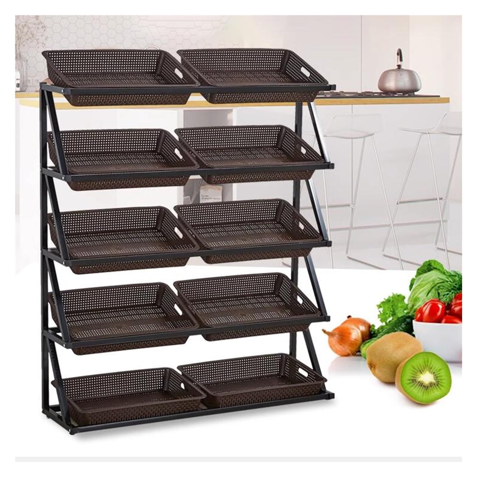 Générique Étagère de présentation de Fruits et légumes pour supermarchés, étagère de Panier de Cuisine au Sol avec 10 paniers Marron, pour Grands magasins de proximité