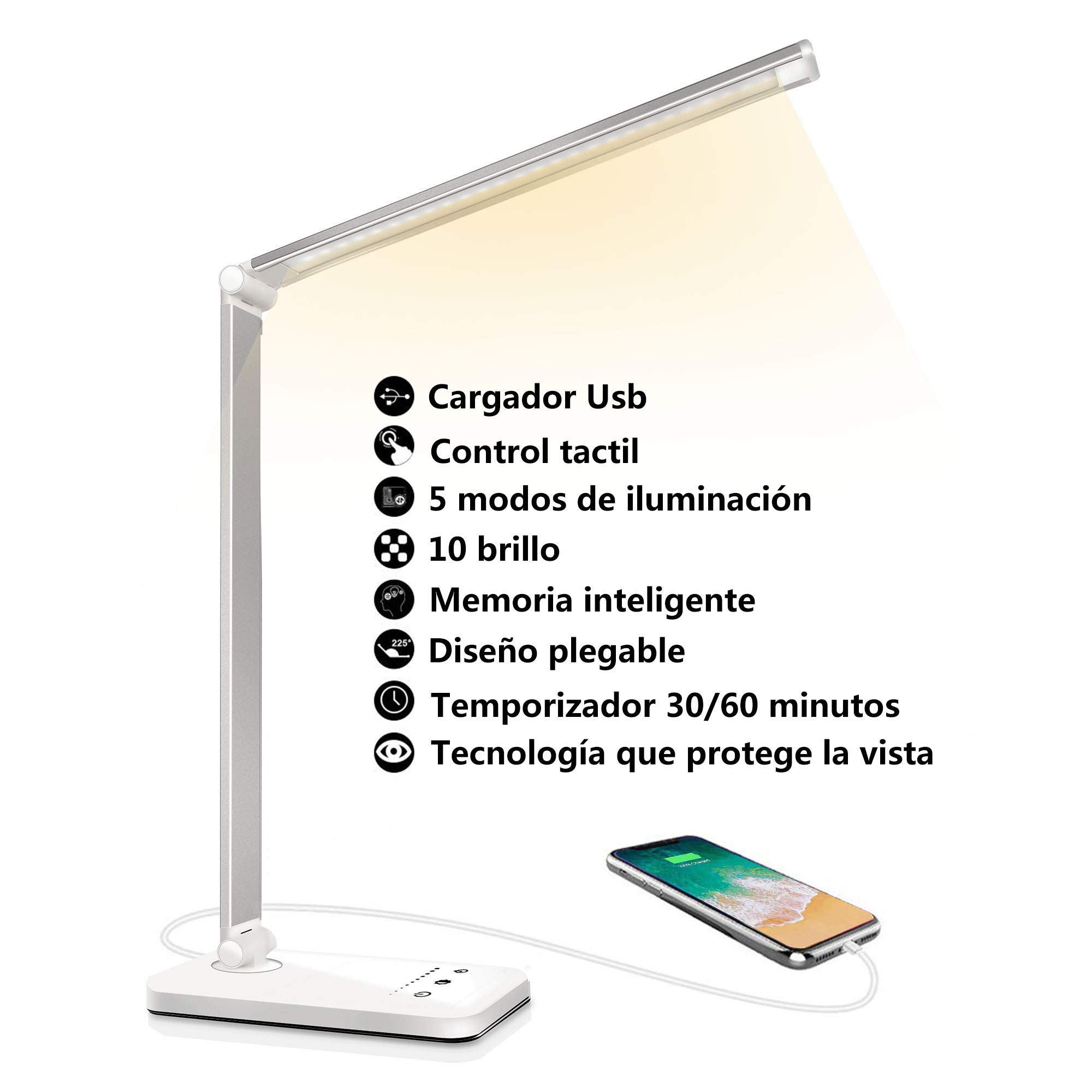 SLATOR Lámpara Escritorio LED, Flexo de Escritorio (Cuidado Ocular, Puerto USB, 5 Modos,10 Niveles de Brillo,Temporizador de 30/60min, Función de Memoria)
