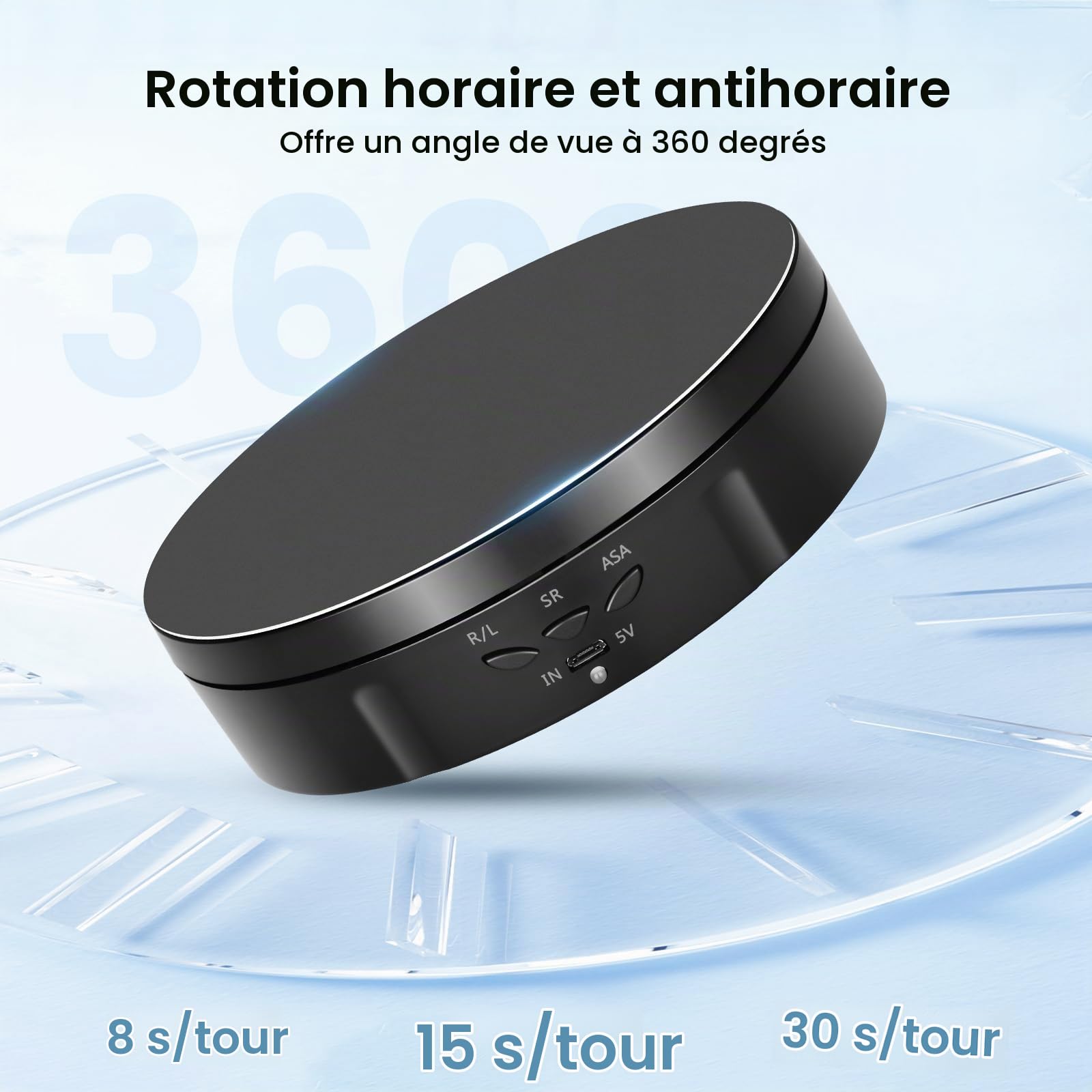 Plateau Tournant Electrique, Direction et Vitesse à 360 Degrés Réglables Tournante Rotative Électrique, Charge de 10KG Automatique Support Rotatif Motorisé Rechargeable avec 5 Panneaux de Fond