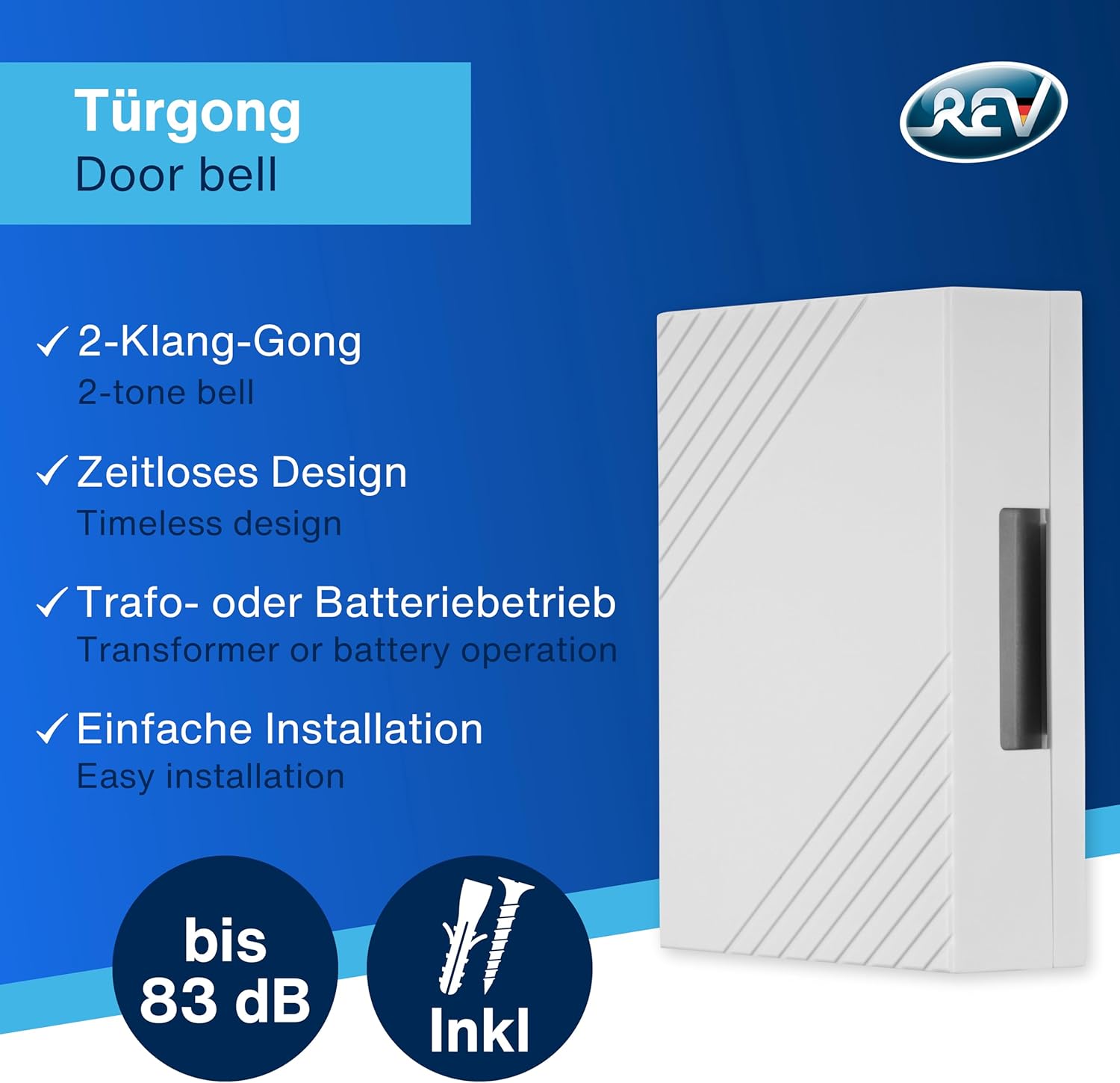 Key features of REV 0514860555 Door Chime: 2-tone bell, timeless design, transformer or battery operation, easy installation, up to 83 dB volume, mounting material included.